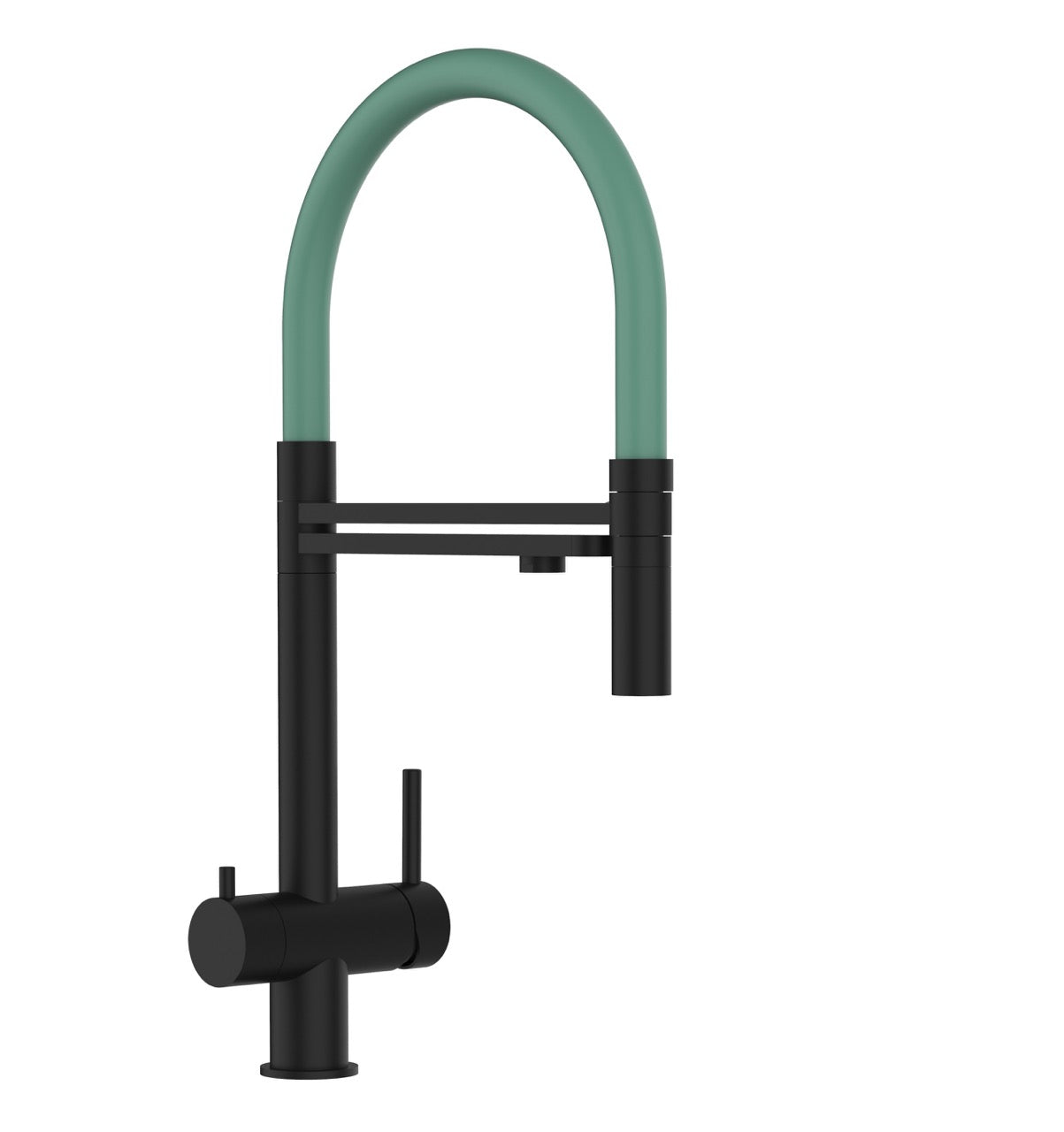 3 Way Kitchen Filter Tap in Solid STAINLESS STEEL, with 360° swivel spout and 2-jets removable Spray, Matt Black PVD / Turquoise