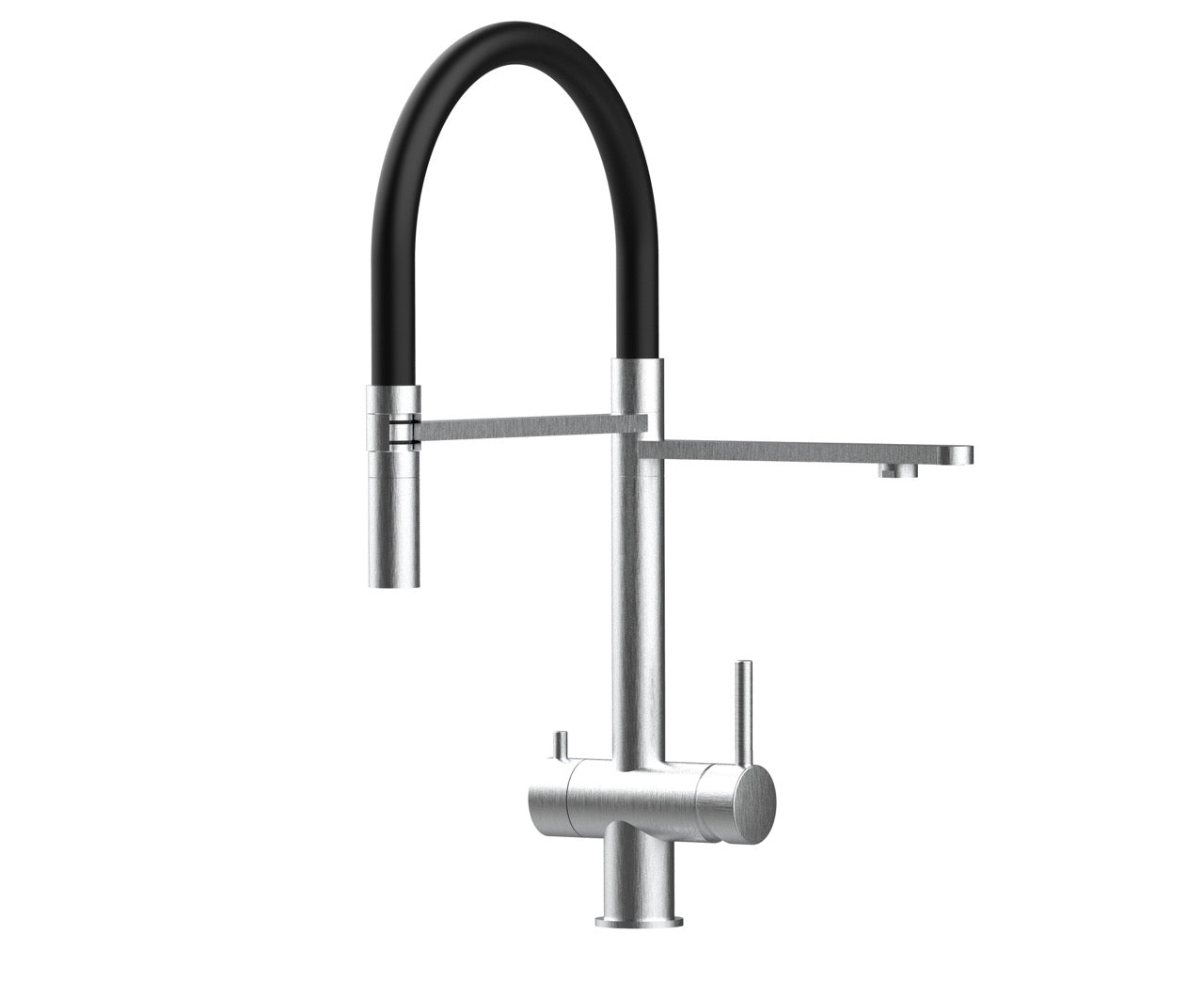 3 Way Kitchen Filter Tap in Solid STAINLESS STEEL, with 360° swivel spout and 2-jets removable Spray, Brushed / Black