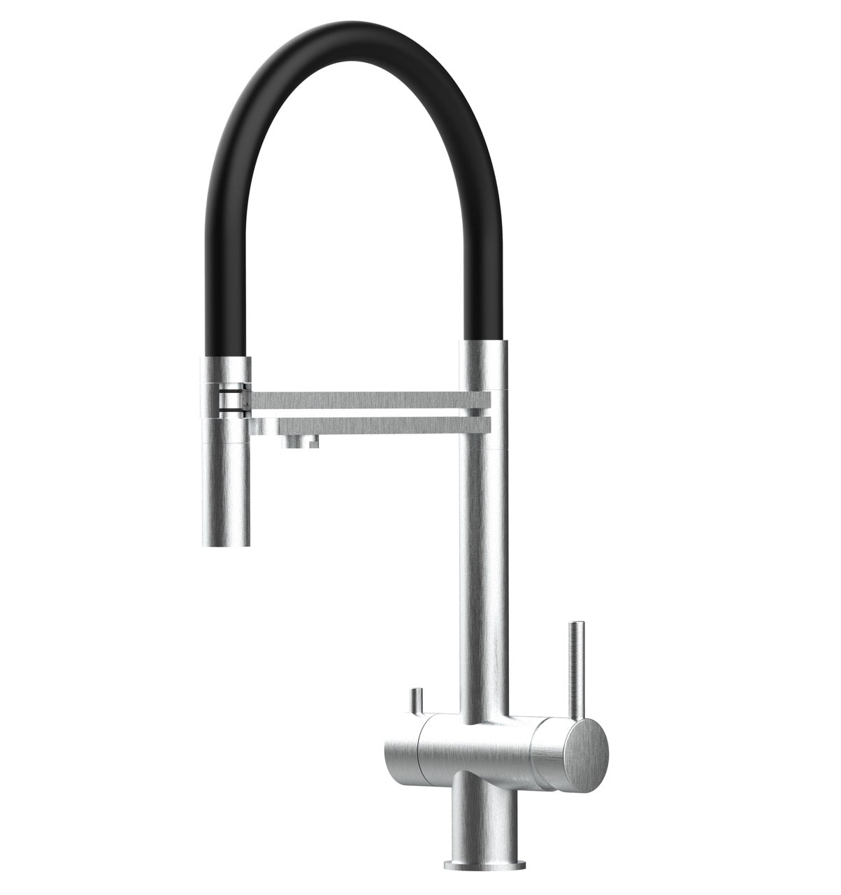 3 Way Kitchen Filter Tap in Solid STAINLESS STEEL, with 360° swivel spout and 2-jets removable Spray, Brushed / Black