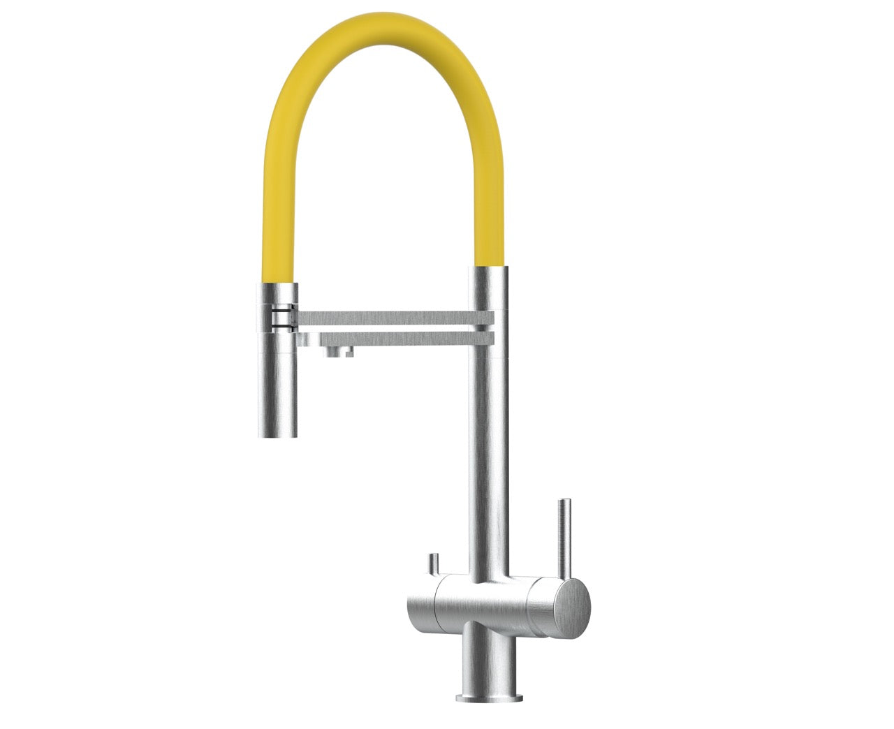 3 Way Kitchen Filter Tap in Solid STAINLESS STEEL, with 360° swivel spout and 2-jets removable Spray, Brushed / Yellow