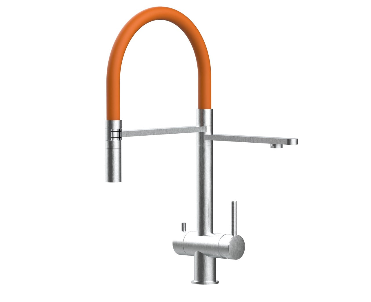 3 Way Kitchen Filter Tap in Solid STAINLESS STEEL, with 360° swivel spout and 2-jets removable Spray, Brushed / Orange