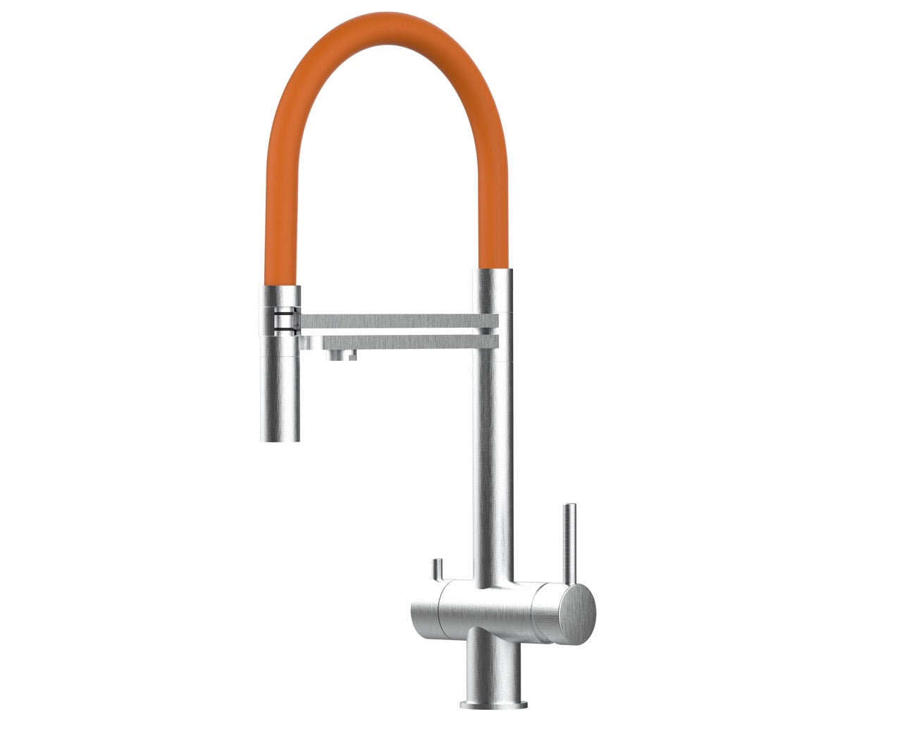 3 Way Kitchen Filter Tap in Solid STAINLESS STEEL, with 360° swivel spout and 2-jets removable Spray, Brushed / Orange