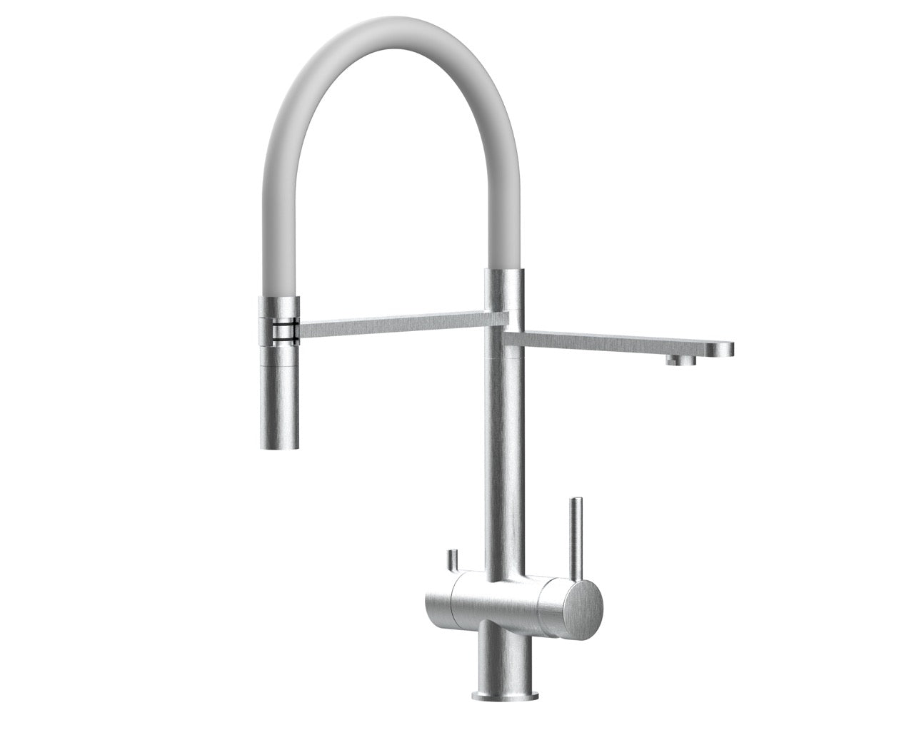 3 Way Kitchen Filter Tap in Solid STAINLESS STEEL, with 360° swivel spout and 2-jets removable Spray, Brushed / Gray
