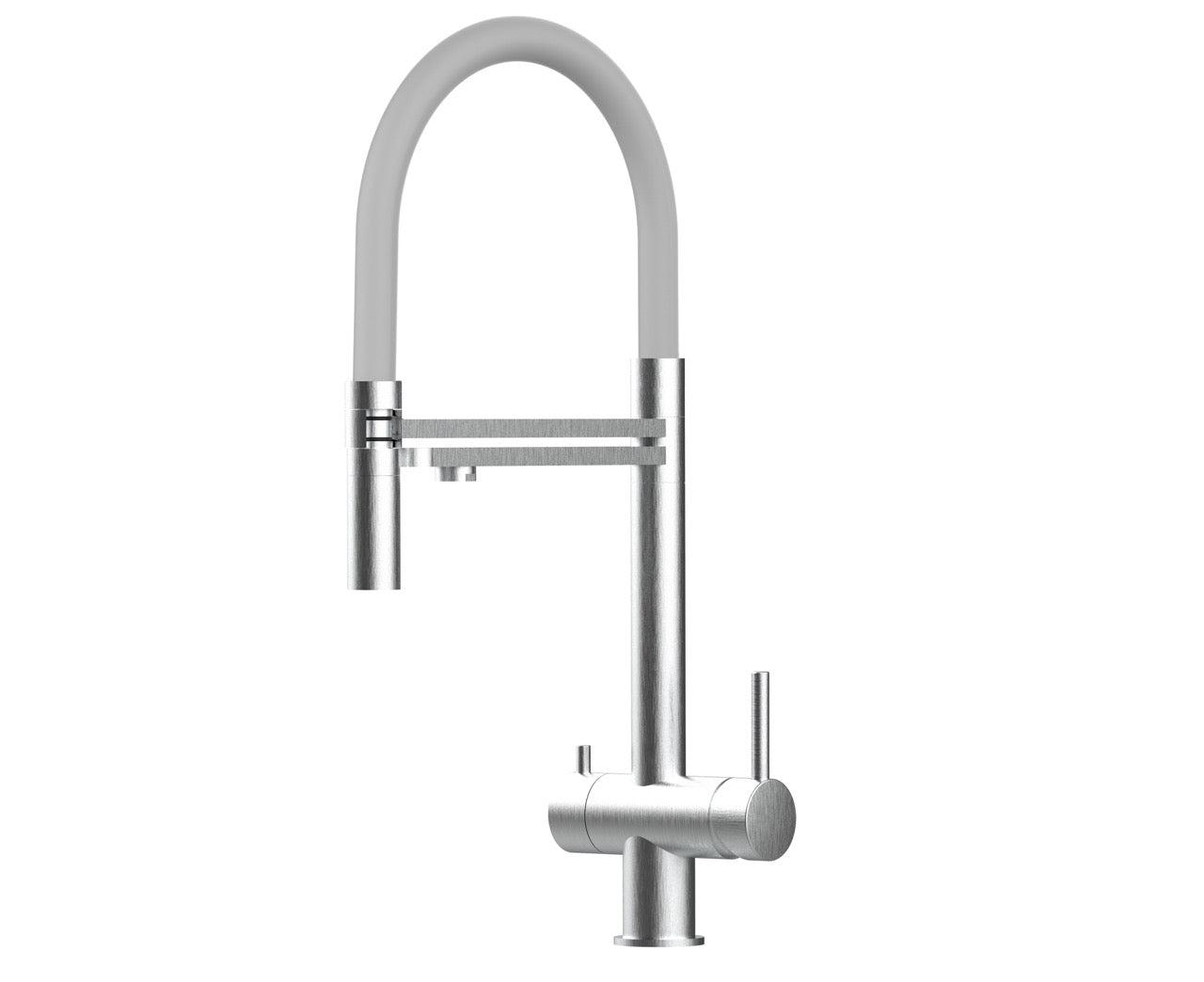 3 Way Kitchen Filter Tap in Solid STAINLESS STEEL, with 360° swivel spout and 2-jets removable Spray, Brushed / Gray