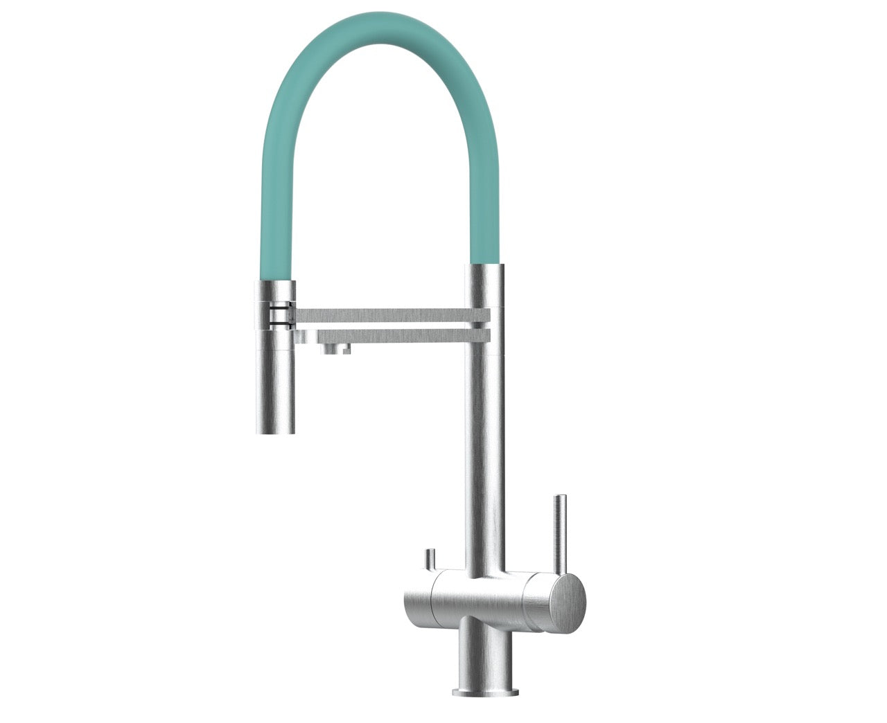 3 Way Kitchen Filter Tap in Solid STAINLESS STEEL, with 360° swivel spout and 2-jets removable Spray, Brushed / Turquoise