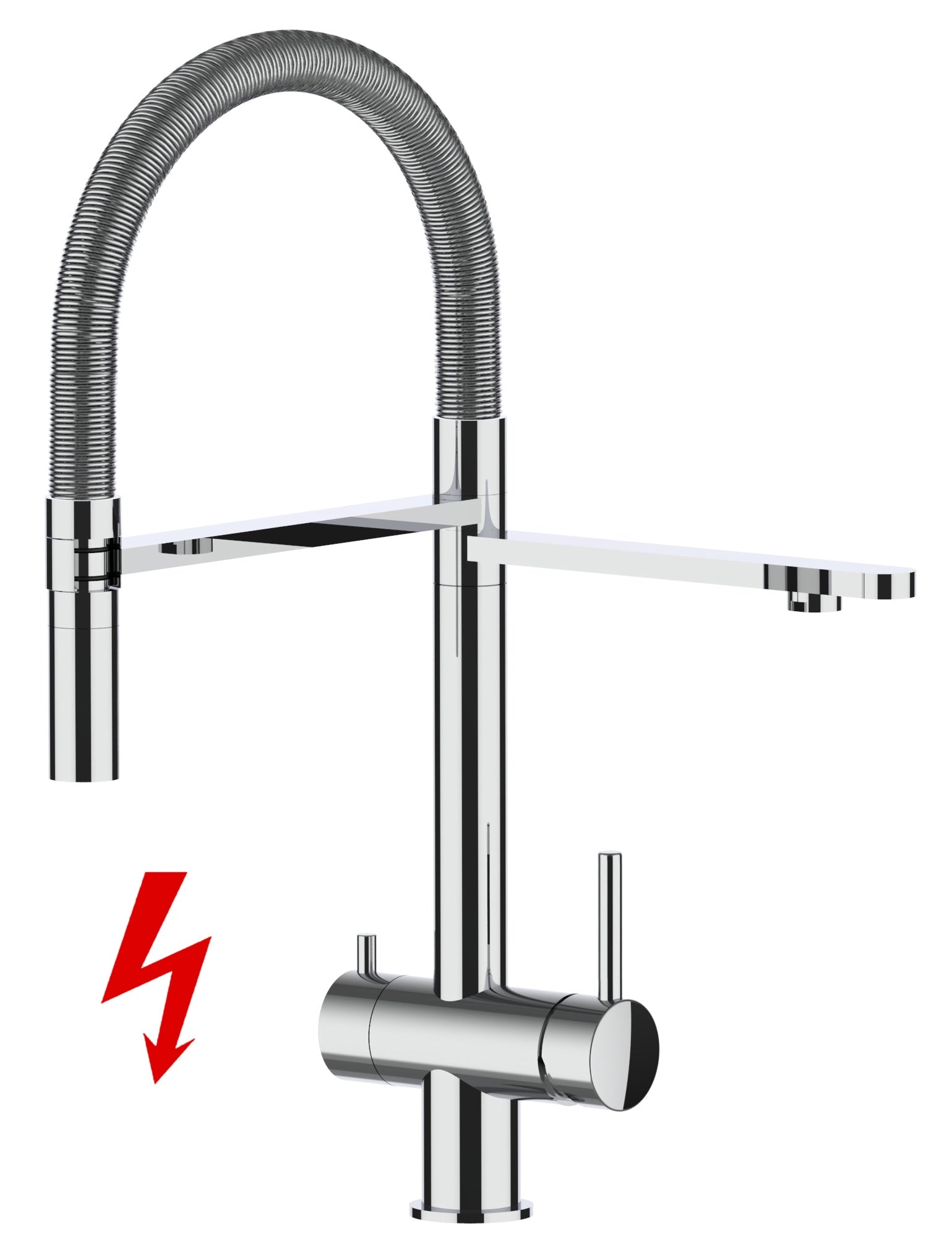Kurzversion 45CM - NIEDERDRUCK 3 Wege Wasserhahn Küchenarmatur, Edelstahl Massiv mit 360° schwenkbarem Auslauf, abnehmbare 2 strahl Handbrause, Hochglanz / Stahlfeder