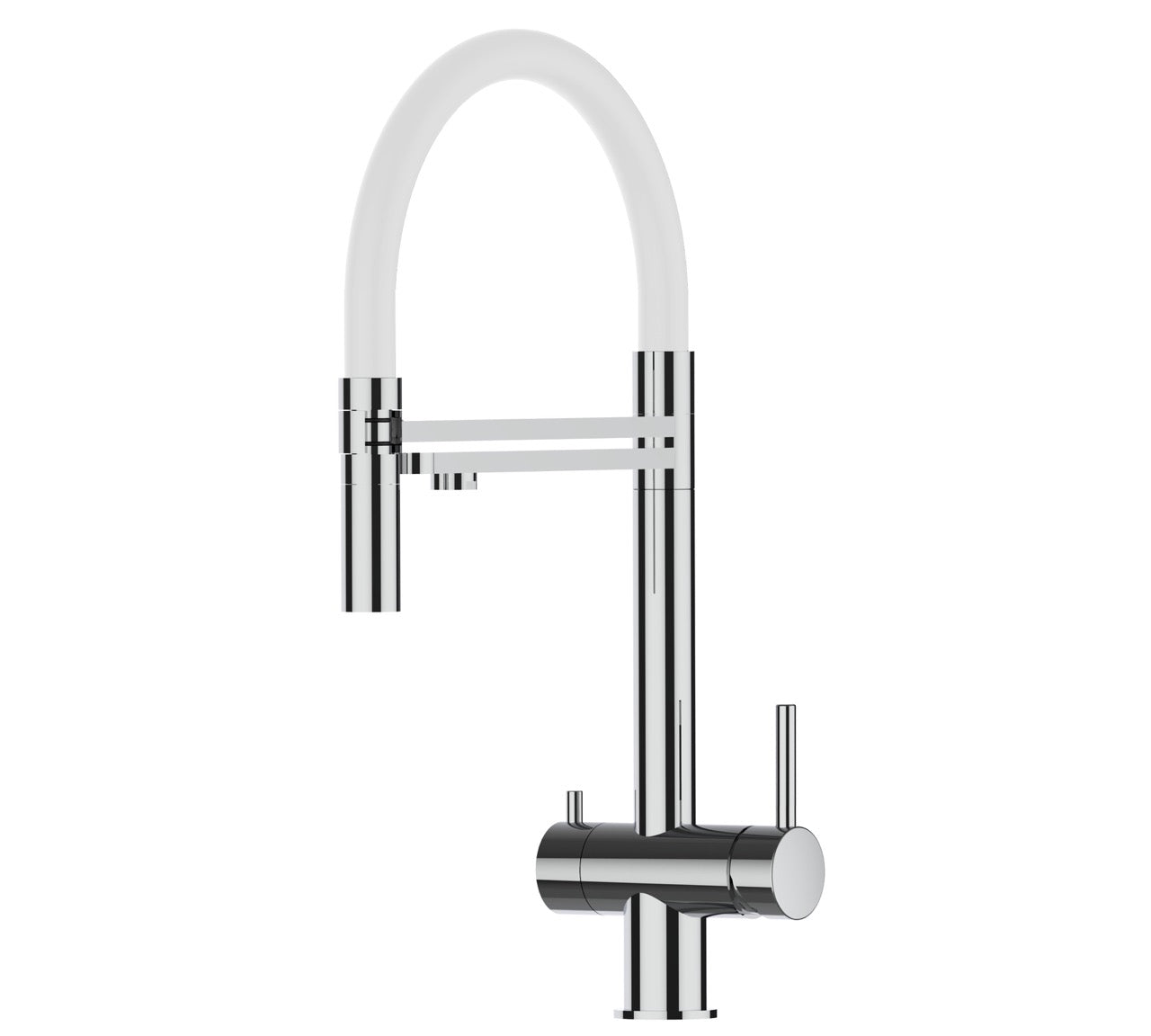 3 Way Kitchen Filter Tap in Solid STAINLESS STEEL, with 360° swivel spout and 2-jets removable Spray, Polished / White - Short version 45CM