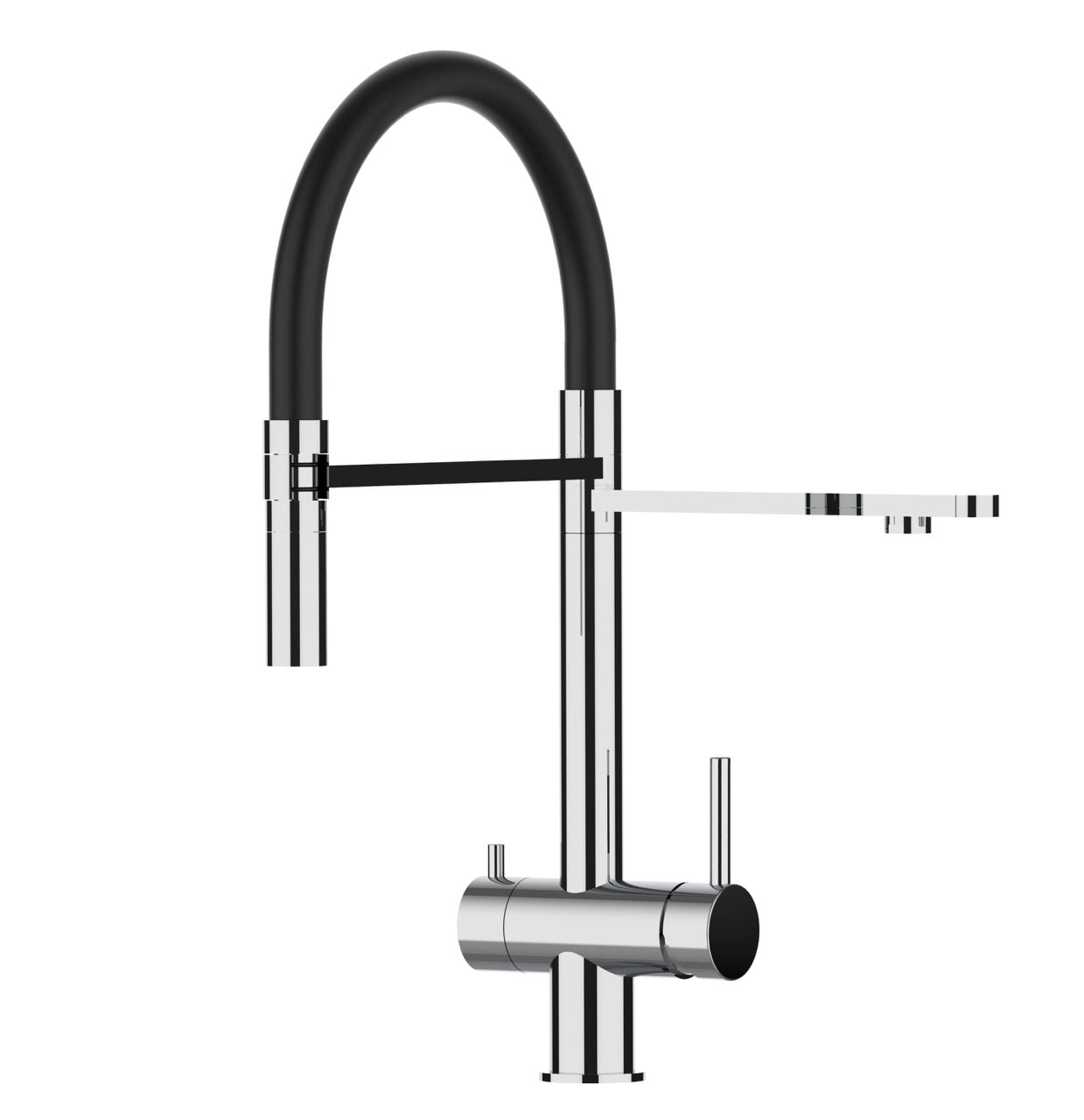 3 Way Kitchen Filter Tap in Solid STAINLESS STEEL, with 360° swivel spout and 2-jets removable Spray, Polished / Black - Short version 45CM