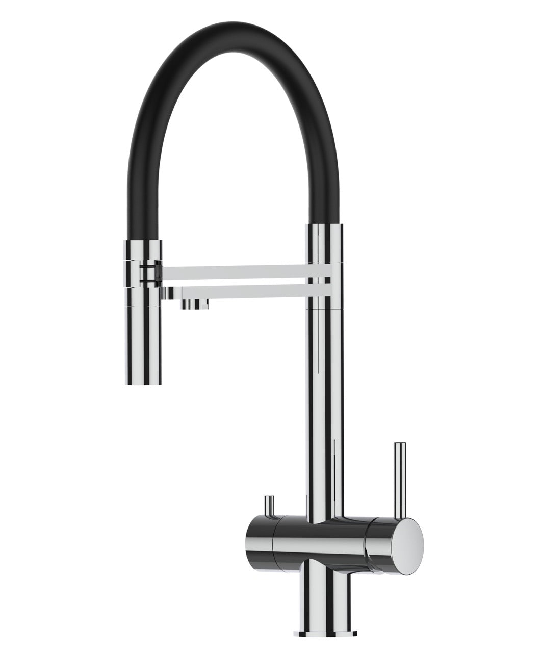 3 Way Kitchen Filter Tap in Solid STAINLESS STEEL, with 360° swivel spout and 2-jets removable Spray, Polished / Black - Short version 45CM