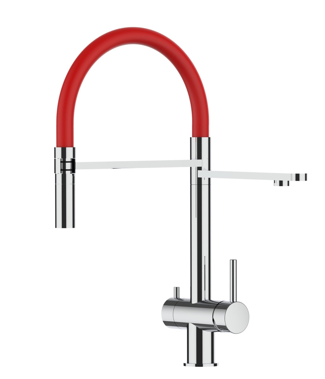 3 Way Kitchen Filter Tap in Solid STAINLESS STEEL, with 360° swivel spout and 2-jets removable Spray, Polished / Red - Short version 45CM