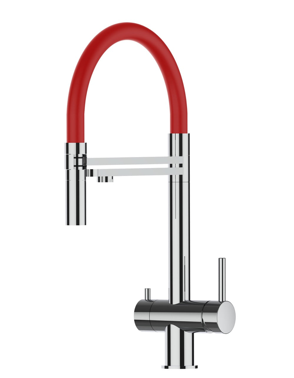 3 Way Kitchen Filter Tap in Solid STAINLESS STEEL, with 360° swivel spout and 2-jets removable Spray, Polished / Red - Short version 45CM