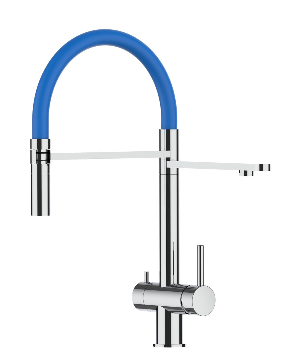 3 Way Kitchen Filter Tap in Solid STAINLESS STEEL, with 360° swivel spout and 2-jets removable Spray, Polished / Blue - Short version 45CM