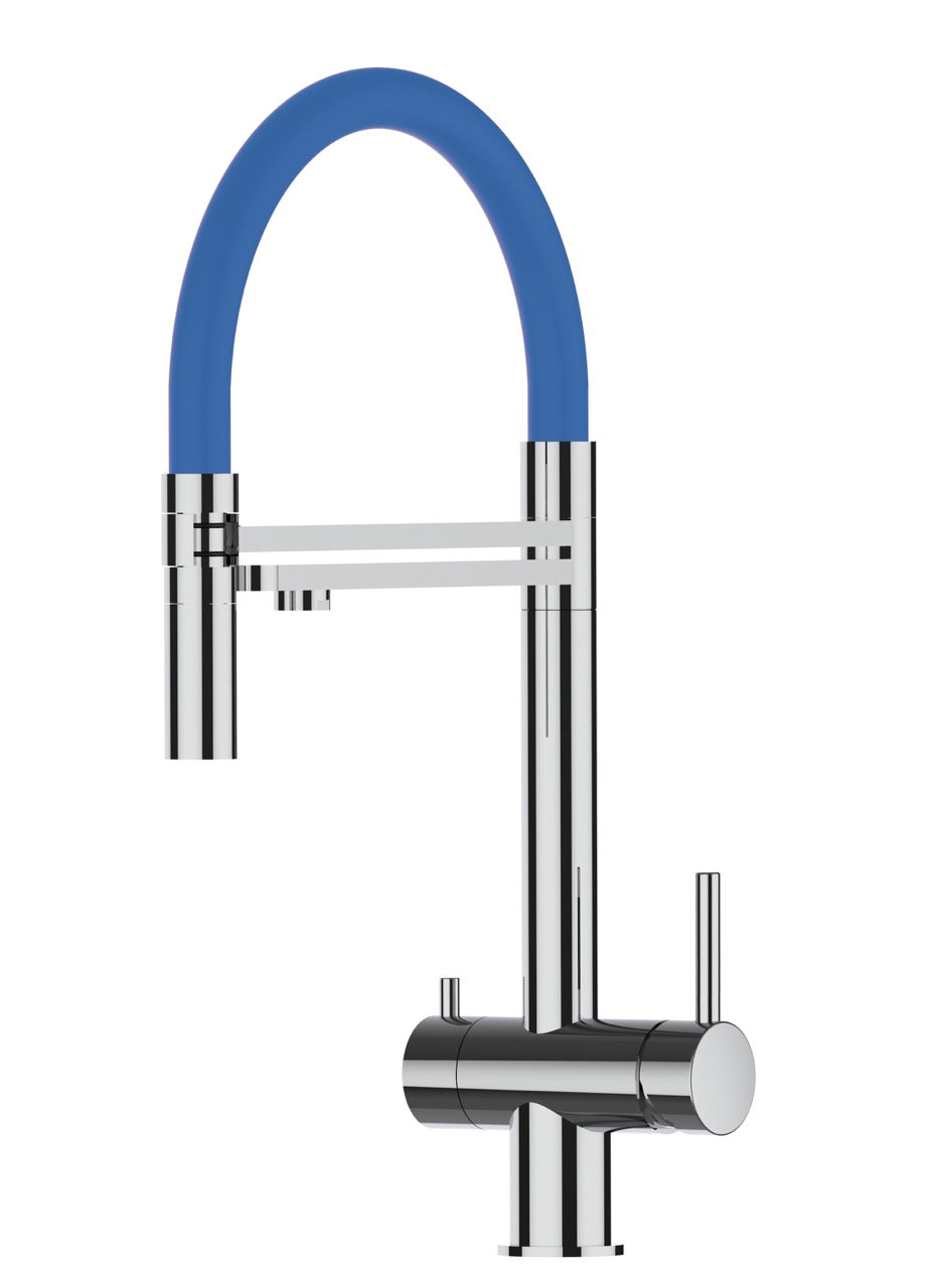 3 Way Kitchen Filter Tap in Solid STAINLESS STEEL, with 360° swivel spout and 2-jets removable Spray, Polished / Blue - Short version 45CM