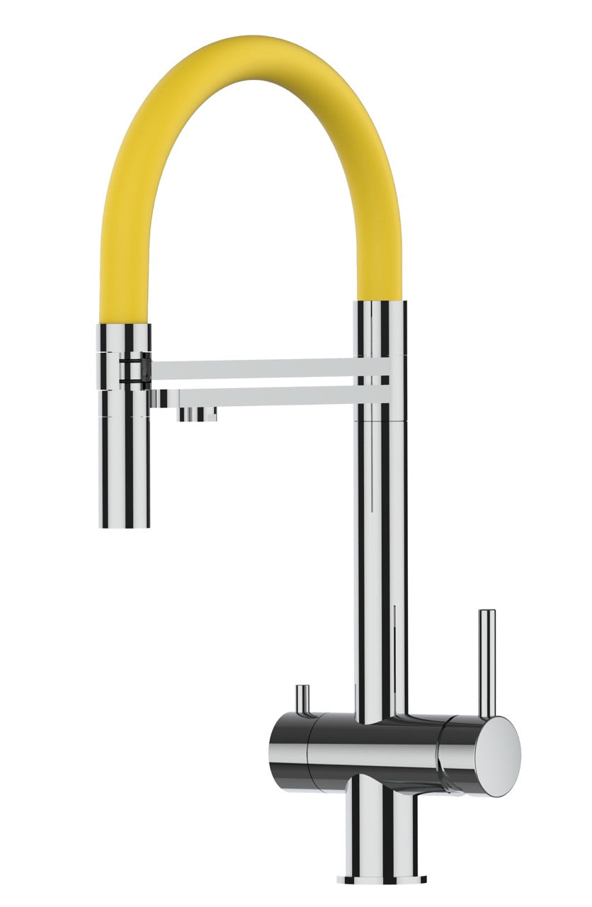 3 Way Kitchen Filter Tap in Solid STAINLESS STEEL, with 360° swivel spout and 2-jets removable Spray, Polished / Yellow - Short version 45CM