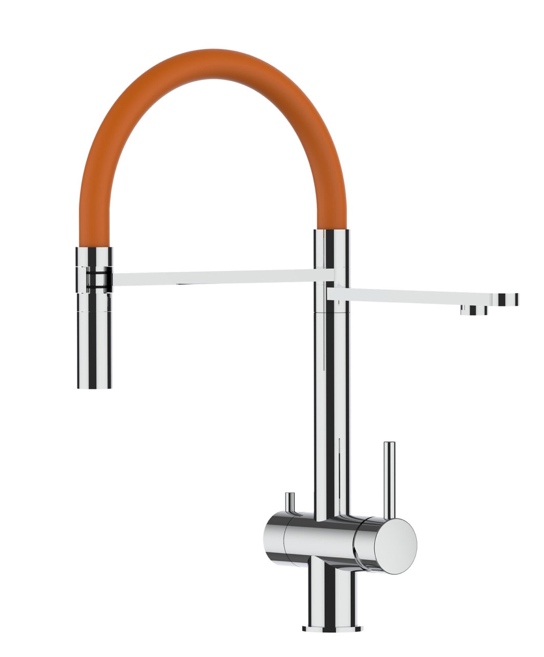 3 Way Kitchen Filter Tap in Solid STAINLESS STEEL, with 360° swivel spout and 2-jets removable Spray, Polished / Orange - Short version 45CM