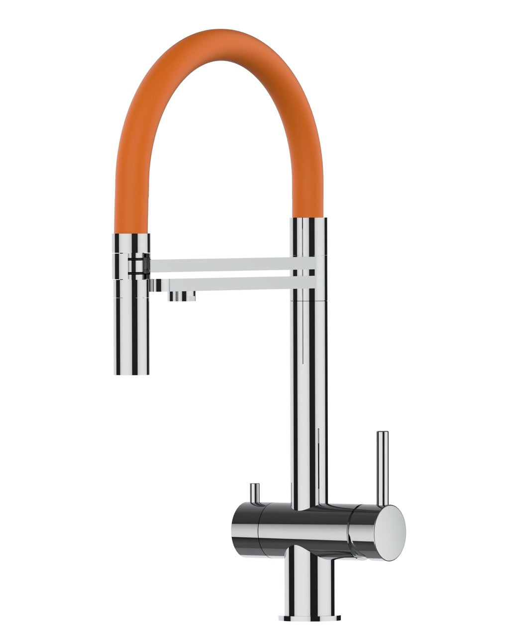 3 Way Kitchen Filter Tap in Solid STAINLESS STEEL, with 360° swivel spout and 2-jets removable Spray, Polished / Orange - Short version 45CM