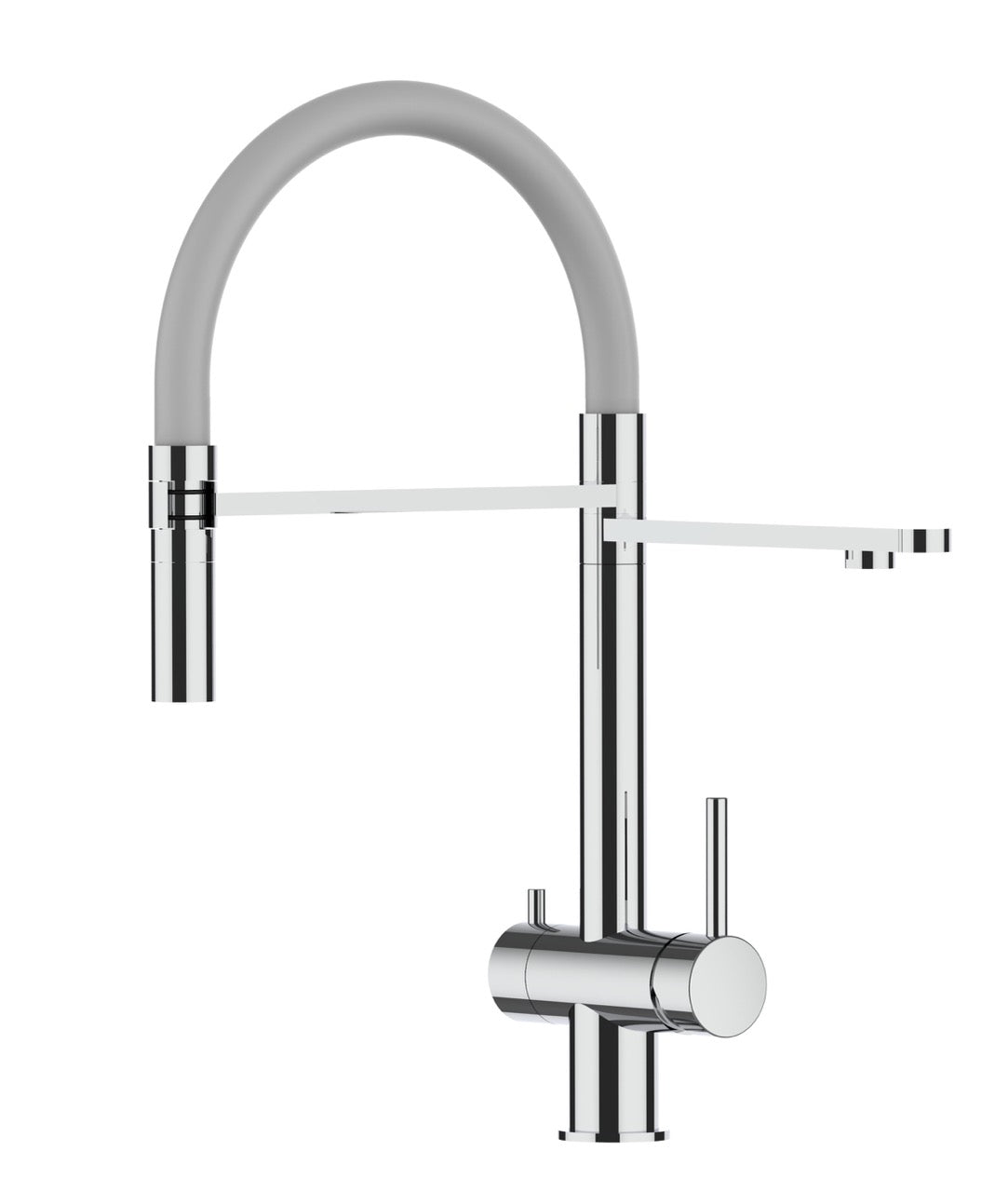 3 Way Kitchen Filter Tap in Solid STAINLESS STEEL, with 360° swivel spout and 2-jets removable Spray, Polished / Gray - Short version 45CM