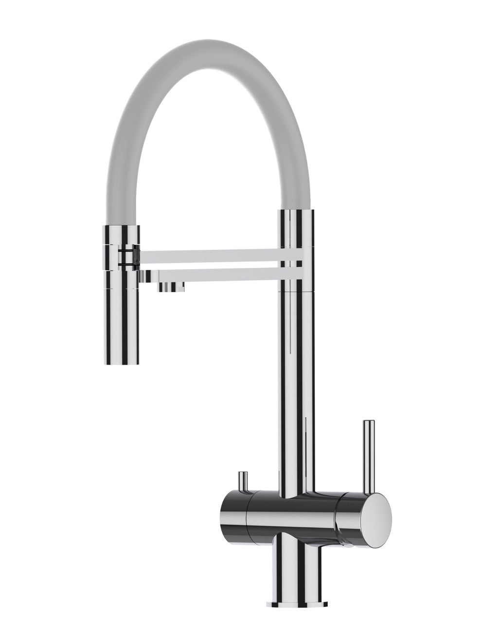 3 Way Kitchen Filter Tap in Solid STAINLESS STEEL, with 360° swivel spout and 2-jets removable Spray, Polished / Gray - Short version 45CM