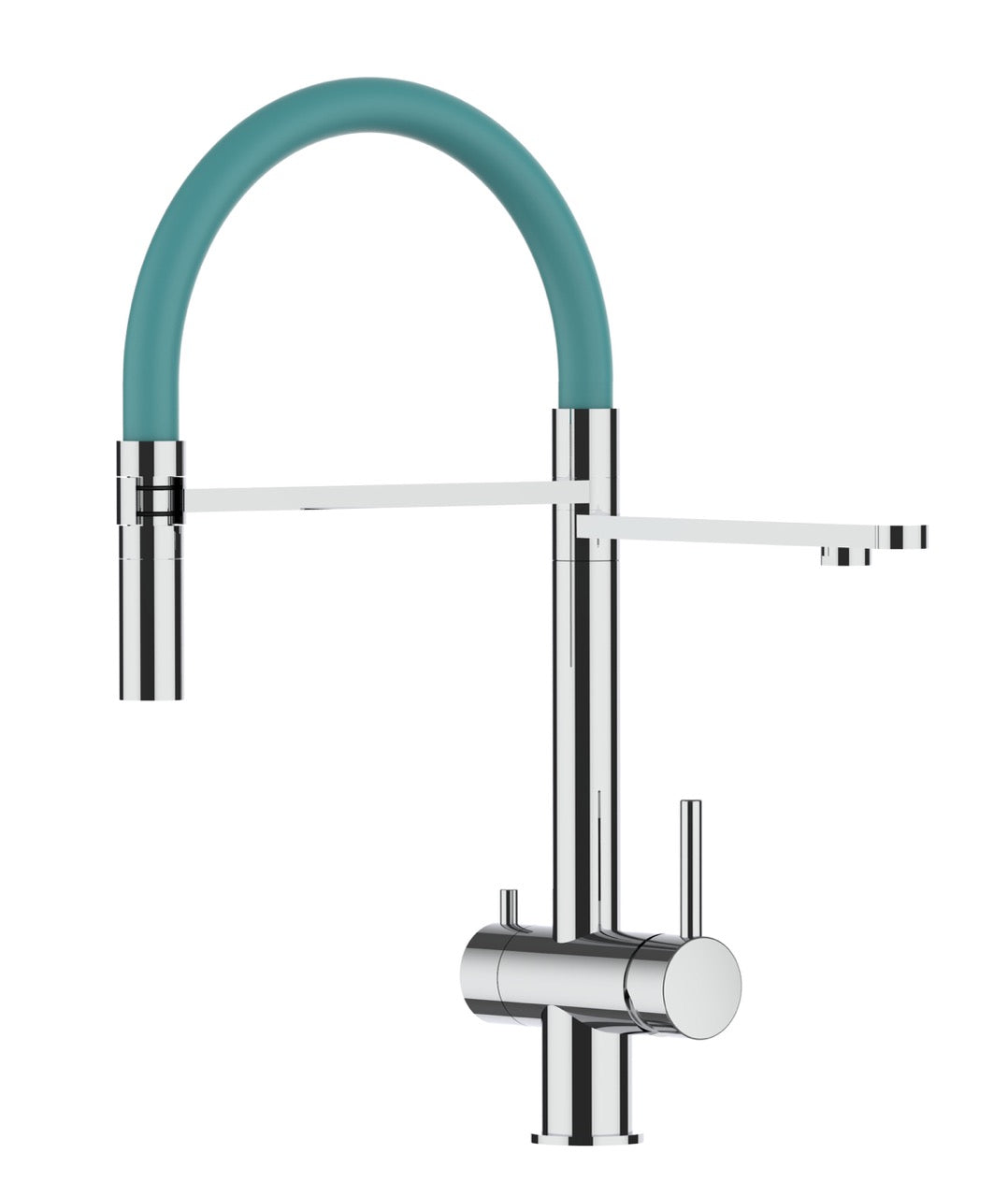 3 Way Kitchen Filter Tap in Solid STAINLESS STEEL, with 360° swivel spout and 2-jets removable Spray, Polished / Turquoise - Short version 45CM