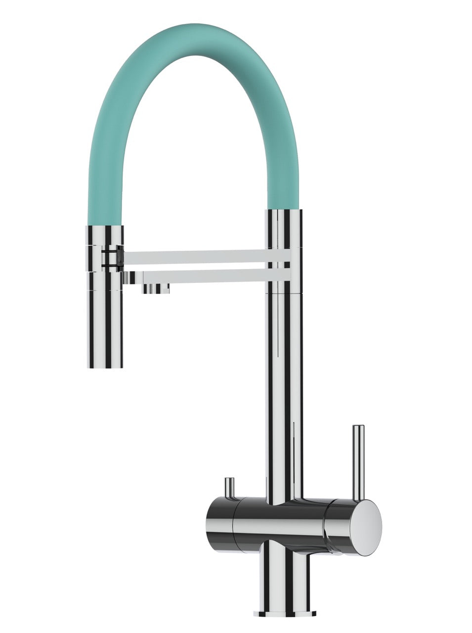 3 Way Kitchen Filter Tap in Solid STAINLESS STEEL, with 360° swivel spout and 2-jets removable Spray, Polished / Turquoise - Short version 45CM