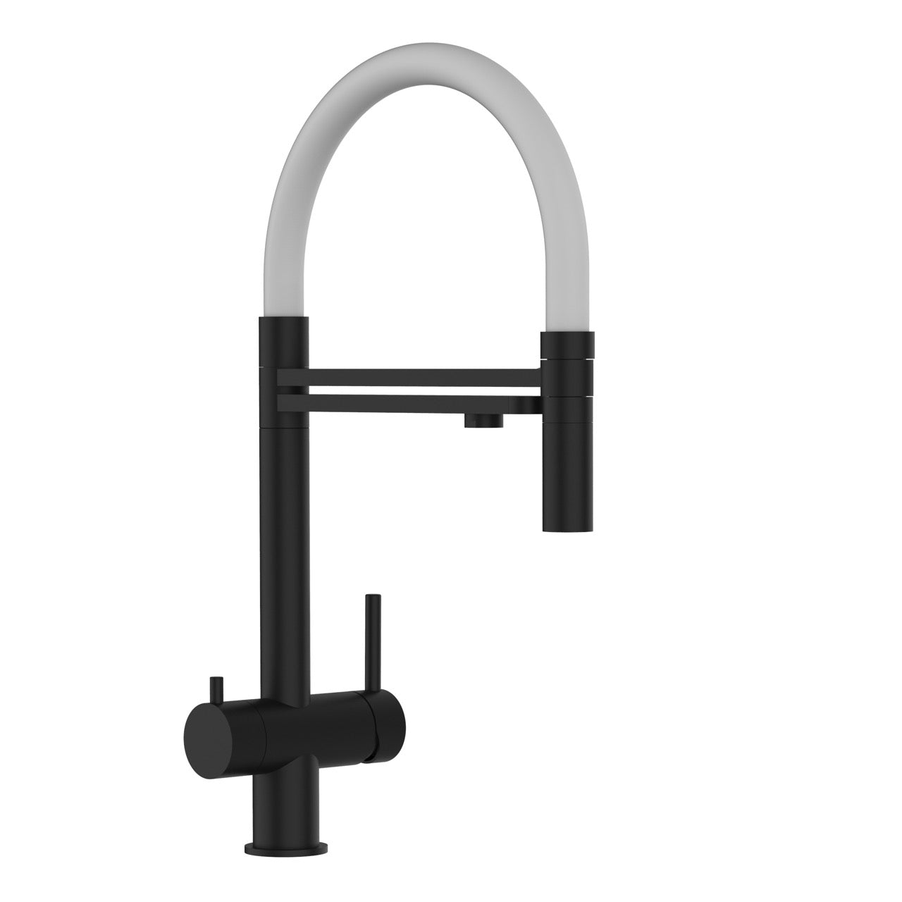 3 Way Kitchen Filter Tap in Solid STAINLESS STEEL, with 360° swivel spout and 2-jets removable Spray, Matt Black PVD / White - Short version 45CM