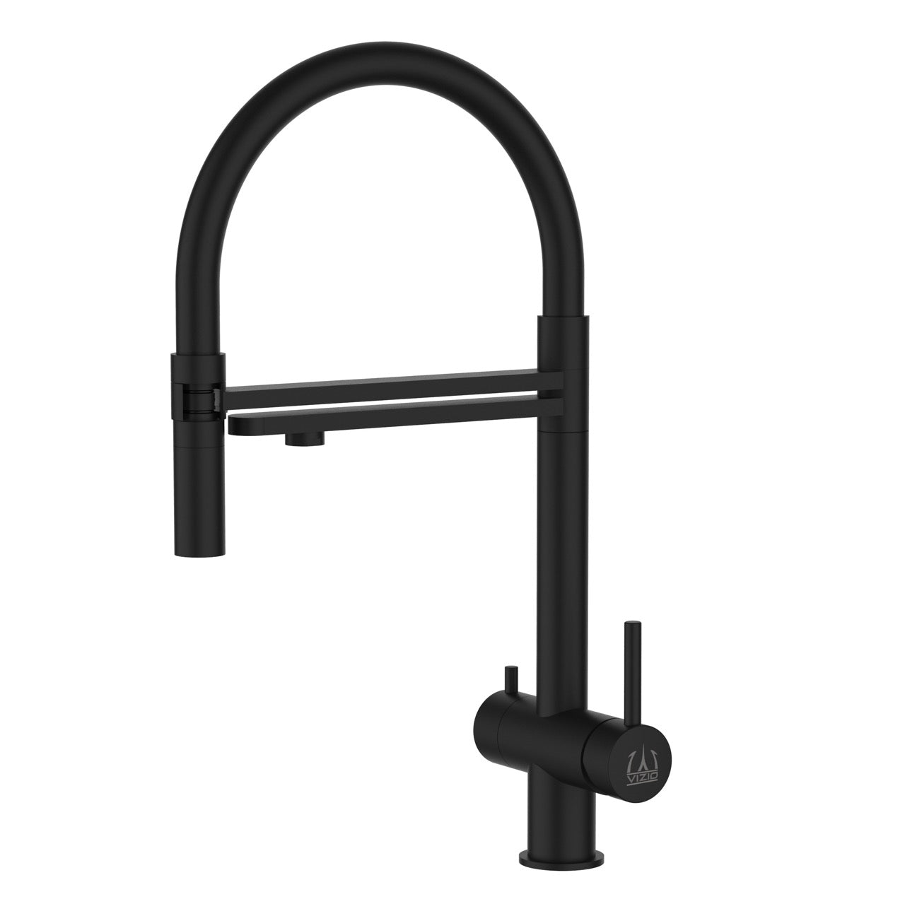 3 Way Kitchen Filter Tap in Solid STAINLESS STEEL, with 360° swivel spout and 2-jets removable Spray, Matt Black PVD - Short version 45CM