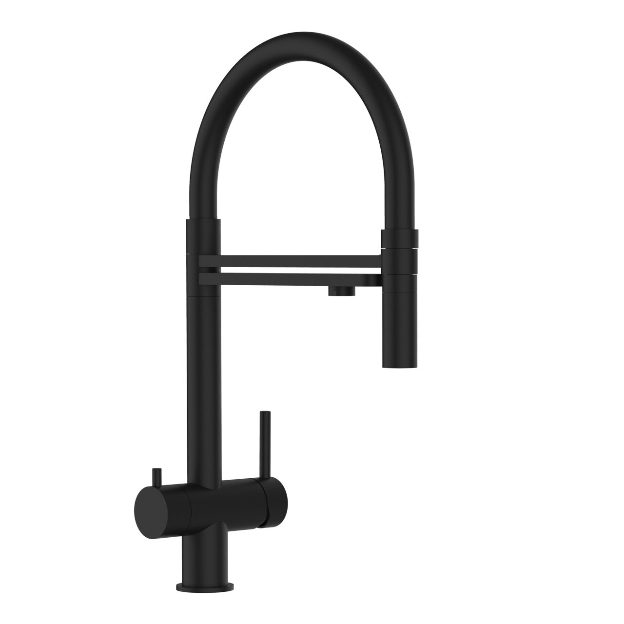 3 Way Kitchen Filter Tap in Solid STAINLESS STEEL, with 360° swivel spout and 2-jets removable Spray, Matt Black PVD - Short version 45CM