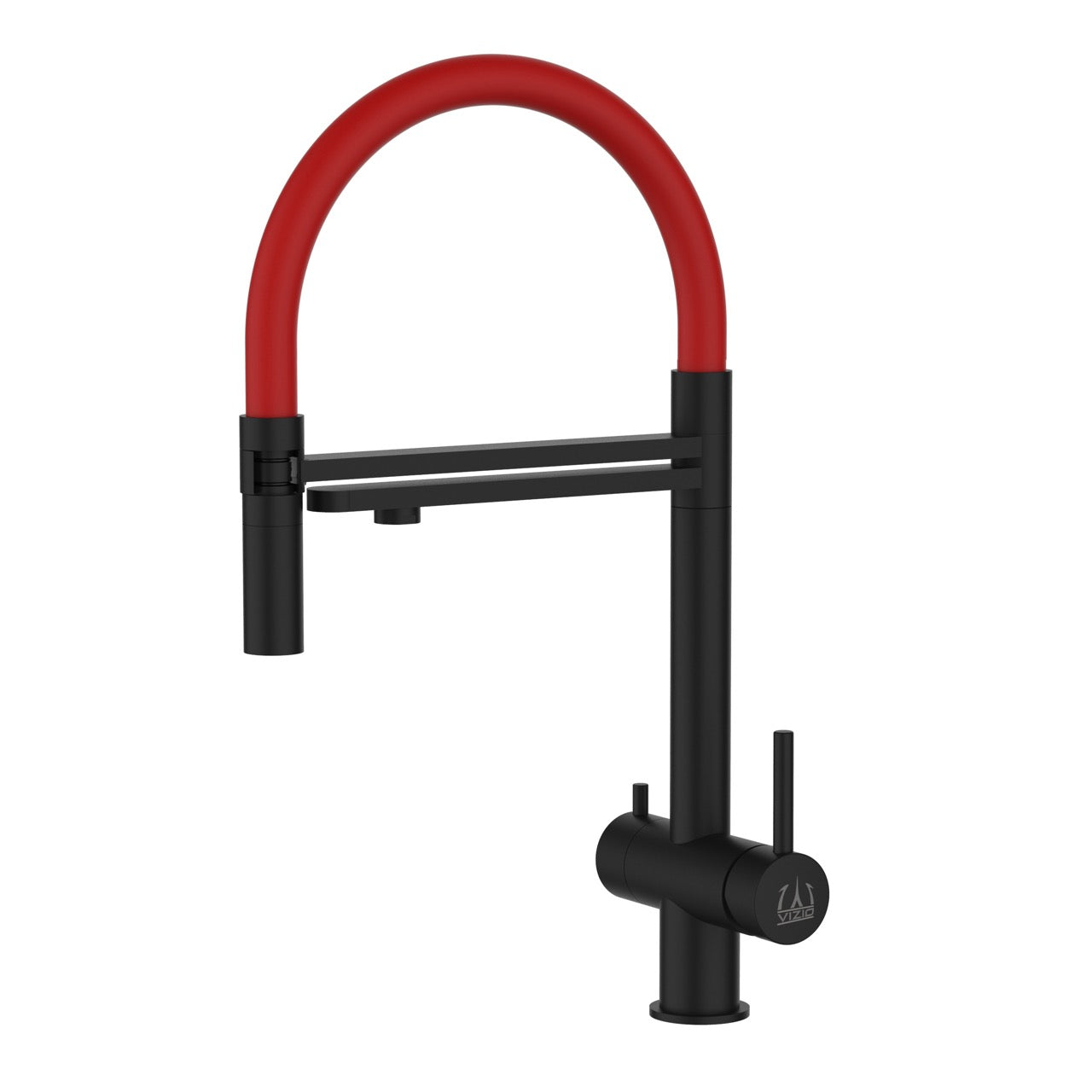 3 Way Kitchen Filter Tap in Solid STAINLESS STEEL, with 360° swivel spout and 2-jets removable Spray, Matt Black PVD / Red - Short version 45CM