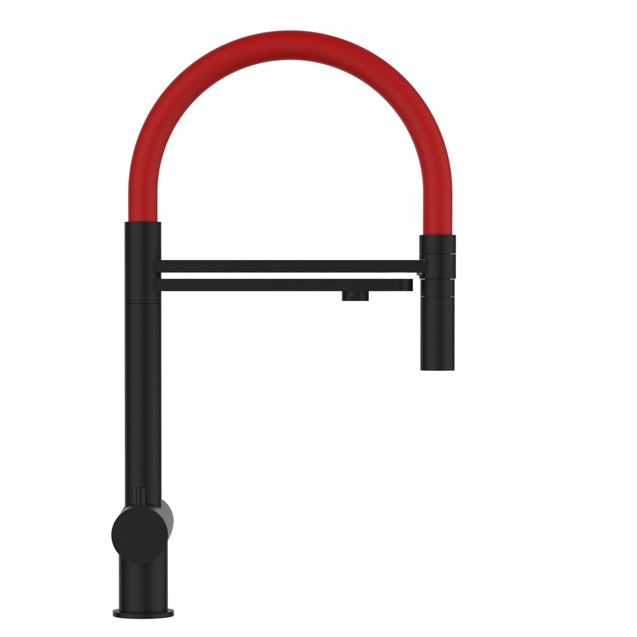 3 Way Kitchen Filter Tap in Solid STAINLESS STEEL, with 360° swivel spout and 2-jets removable Spray, Matt Black PVD / Red - Short version 45CM