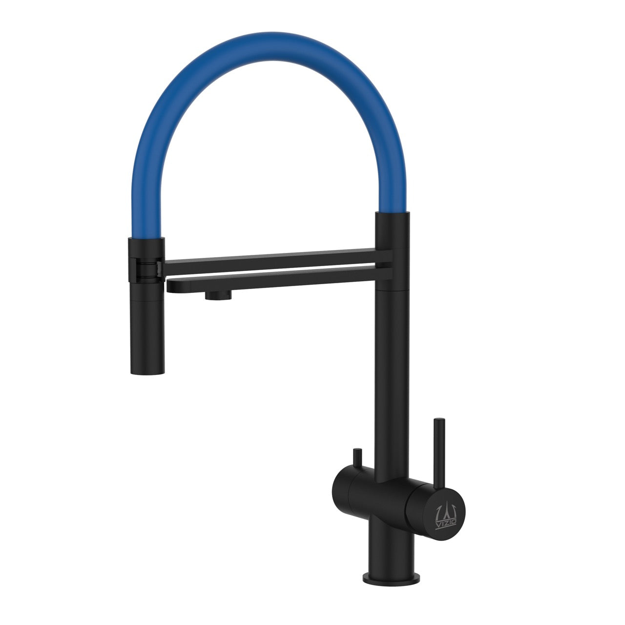 3 Way Kitchen Filter Tap in Solid STAINLESS STEEL, with 360° swivel spout and 2-jets removable Spray, Matt Black PVD / Blue - Short version 45CM