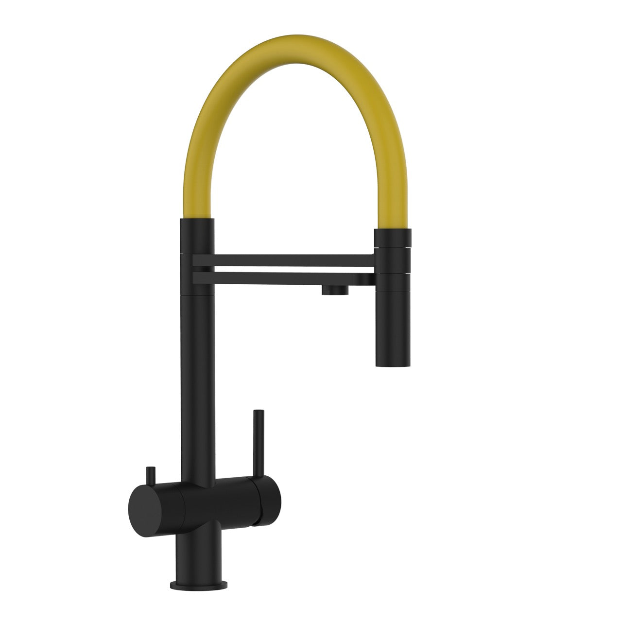 3 Way Kitchen Filter Tap in Solid STAINLESS STEEL, with 360° swivel spout and 2-jets removable Spray, Matt Black PVD / Yellow - Short version 45CM