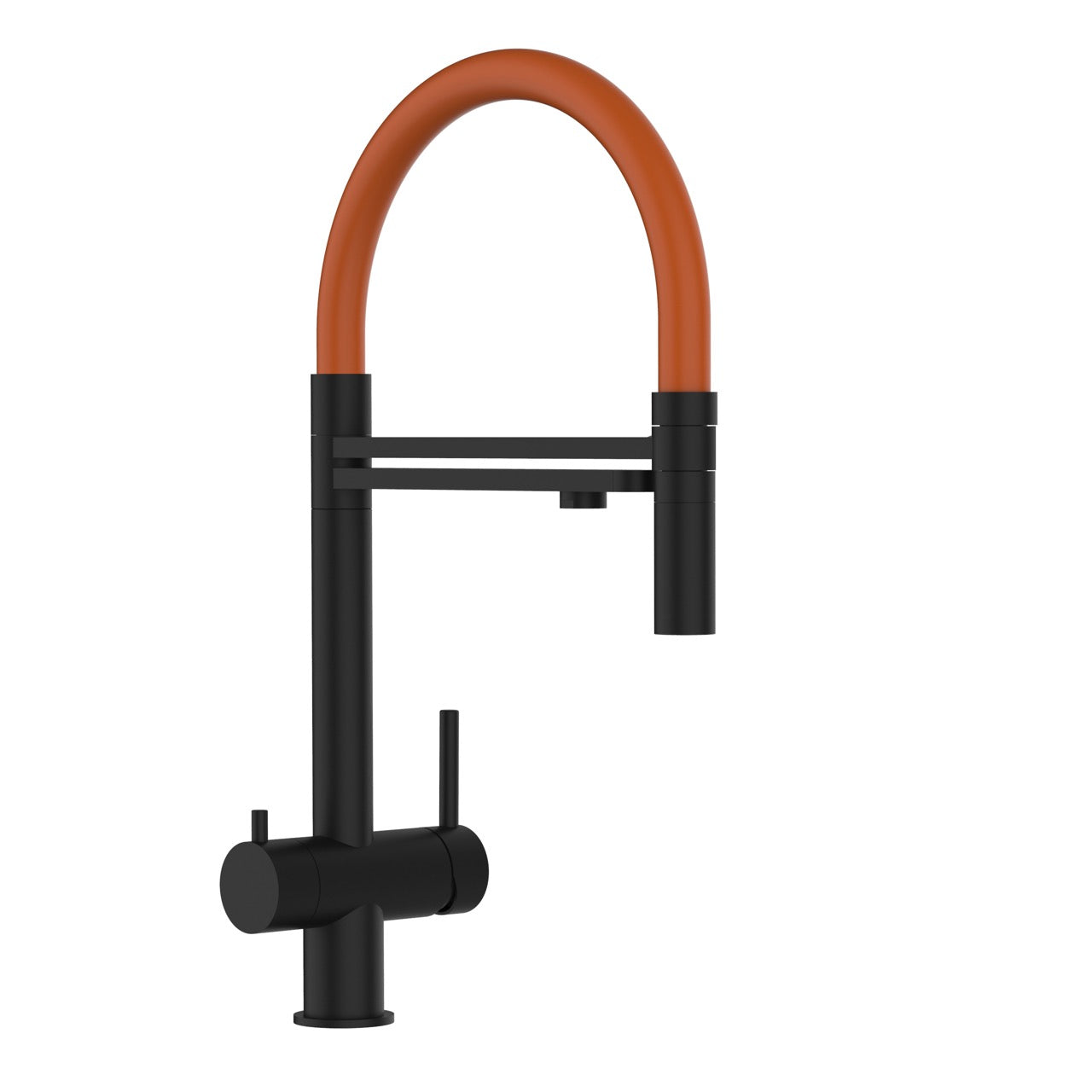 3 Way Kitchen Filter Tap in Solid STAINLESS STEEL, with 360° swivel spout and 2-jets removable Spray, Matt Black PVD / Orange - Short version 45CM