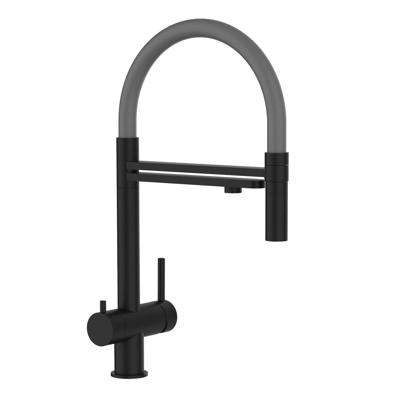 3 Way Kitchen Filter Tap in Solid STAINLESS STEEL, with 360° swivel spout and 2-jets removable Spray, Matt Black PVD / Gray - Short version 45CM