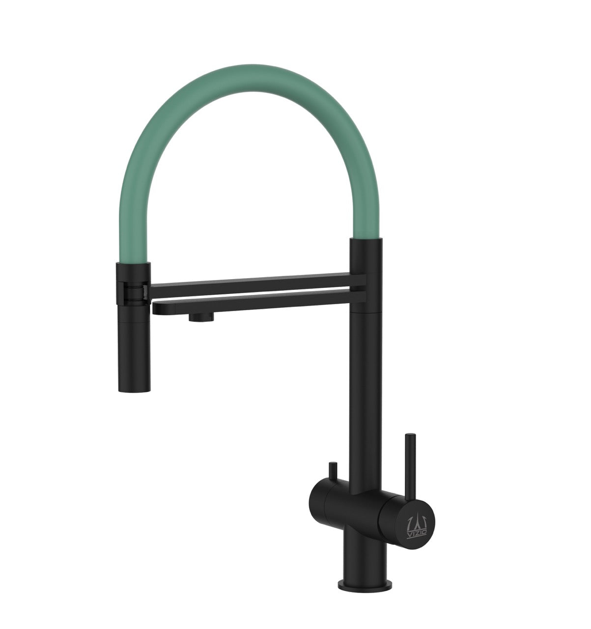 3 Way Kitchen Filter Tap in Solid STAINLESS STEEL, with 360° swivel spout and 2-jets removable Spray, Matt Black PVD / Turquoise - Short version 45CM
