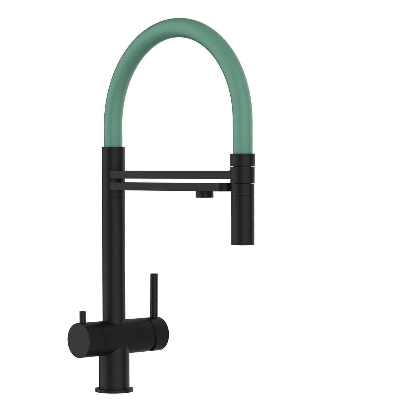 3 Way Kitchen Filter Tap in Solid STAINLESS STEEL, with 360° swivel spout and 2-jets removable Spray, Matt Black PVD / Turquoise - Short version 45CM