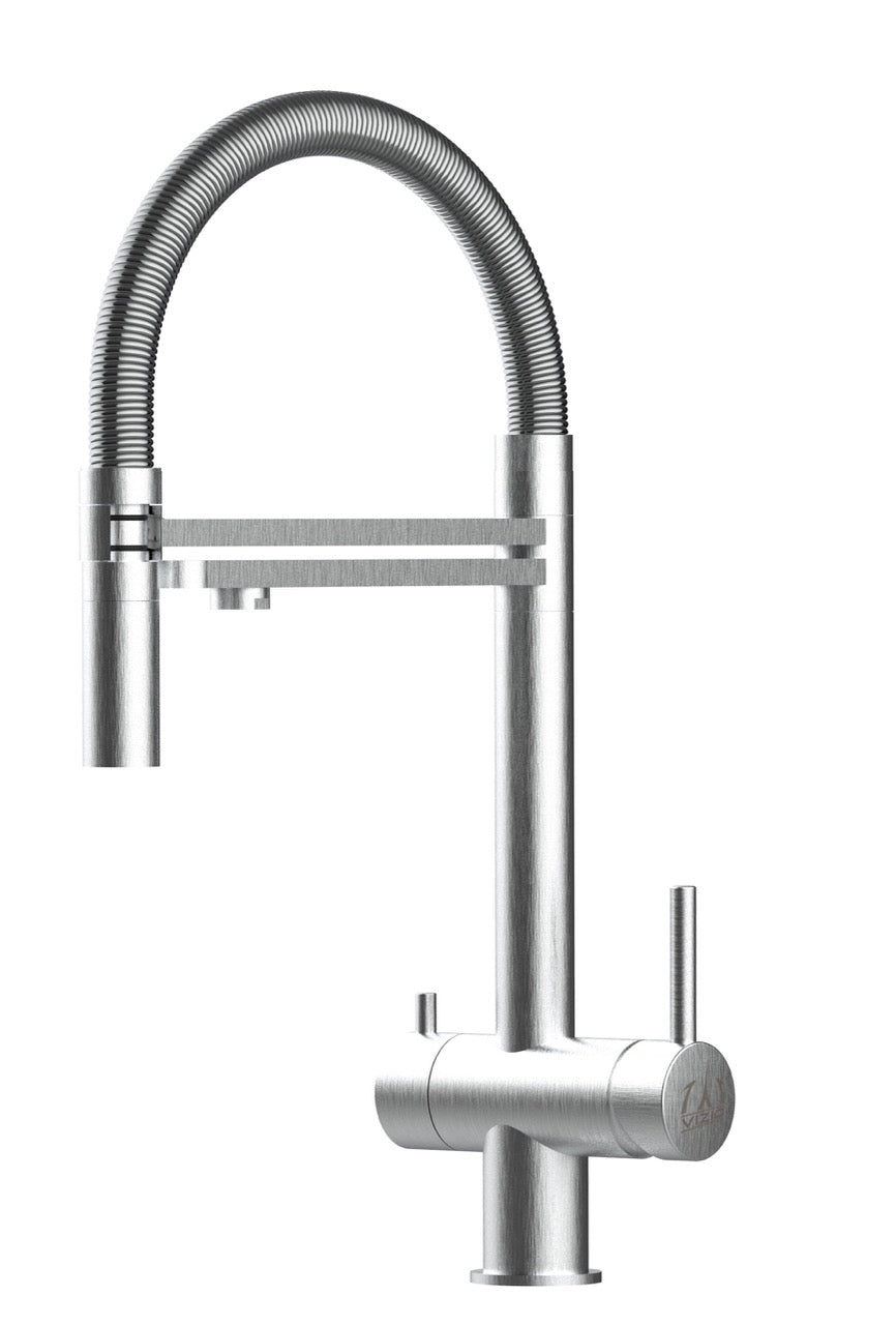 3 Way Kitchen Filter Tap in Solid STAINLESS STEEL, with 360° swivel spout and 2-jets removable Spray, Brushed / Stainless Steel Spring - Short version 45CM
