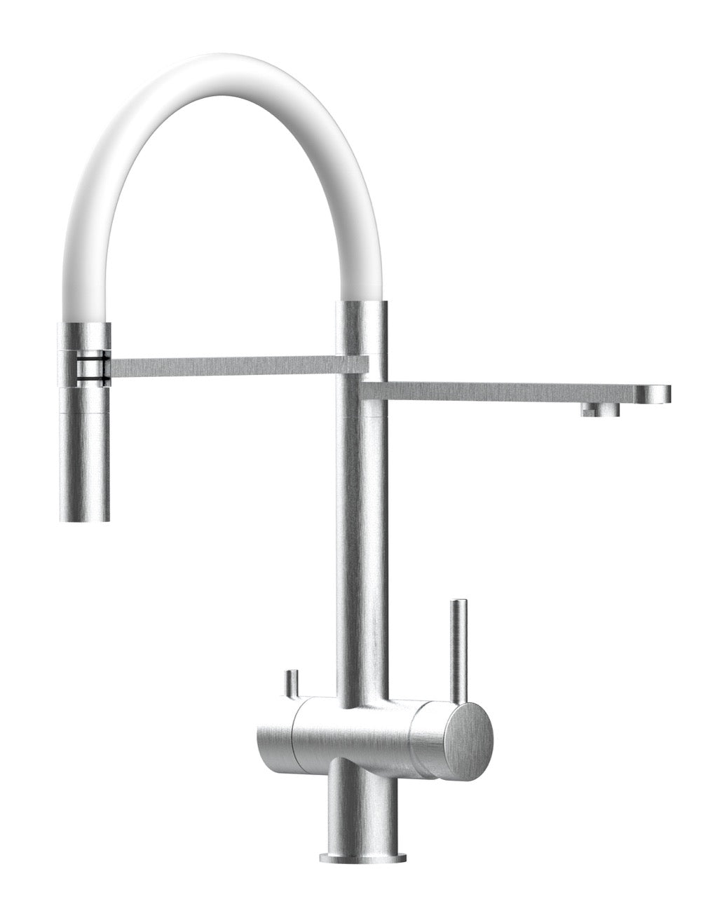 3 Way Kitchen Filter Tap in Solid STAINLESS STEEL, with 360° swivel spout and 2-jets removable Spray, Brushed / White - Short version 45CM