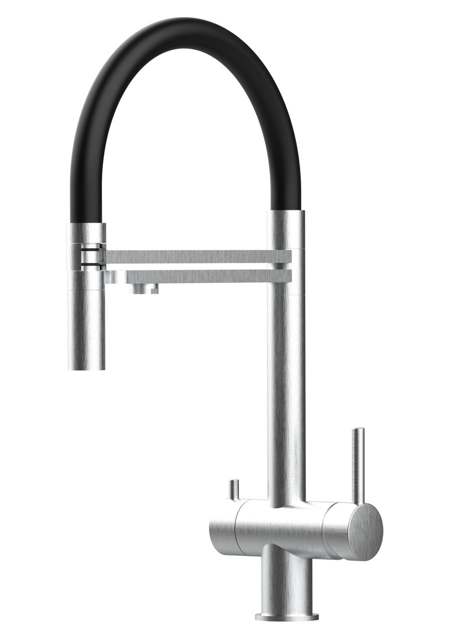 3 Way Kitchen Filter Tap in Solid STAINLESS STEEL, with 360° swivel spout and 2-jets removable Spray, Brushed / Black - Short version 45CM