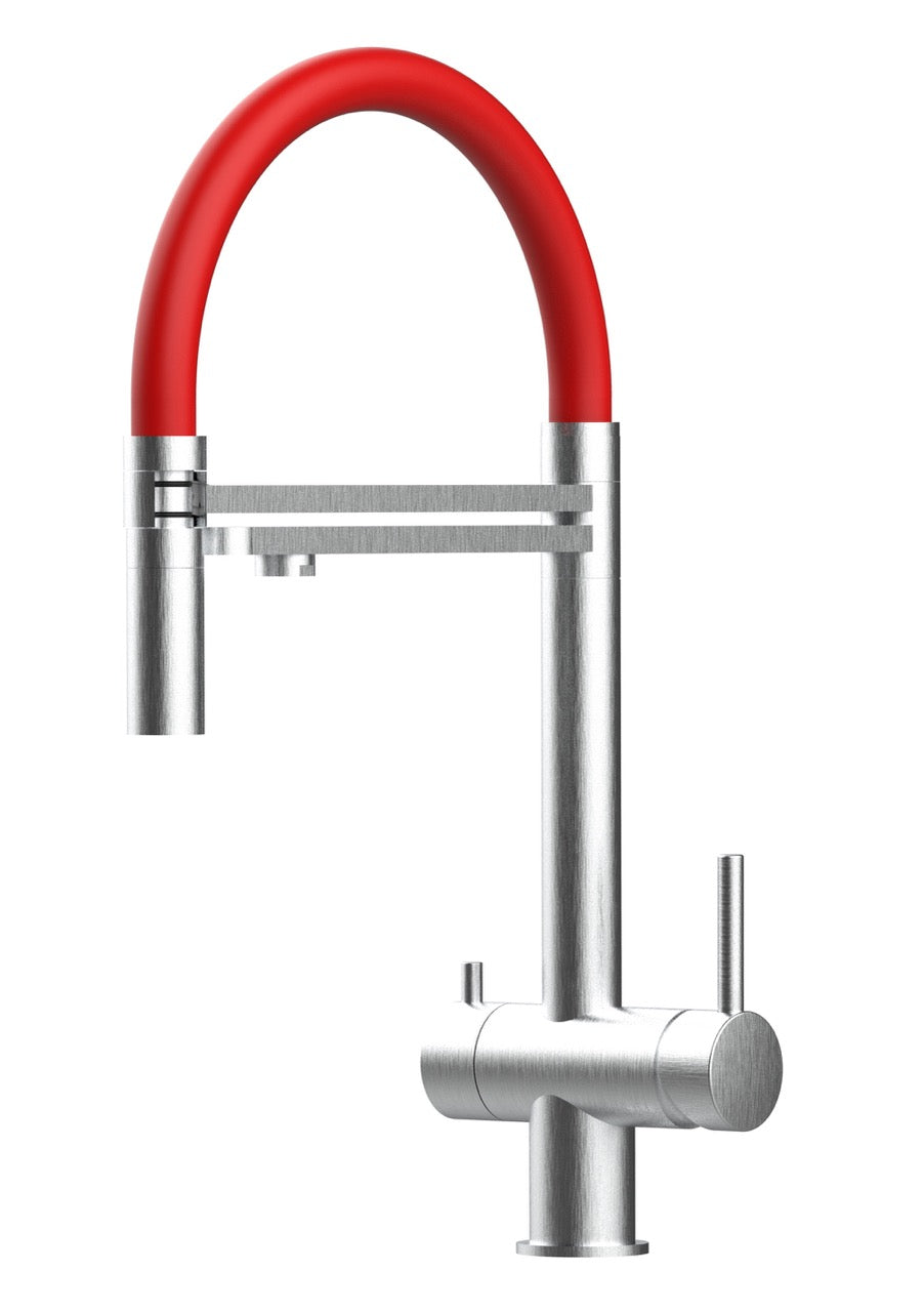 3 Way Kitchen Filter Tap in Solid STAINLESS STEEL, with 360° swivel spout and 2-jets removable Spray, Brushed / Red - Short version 45CM