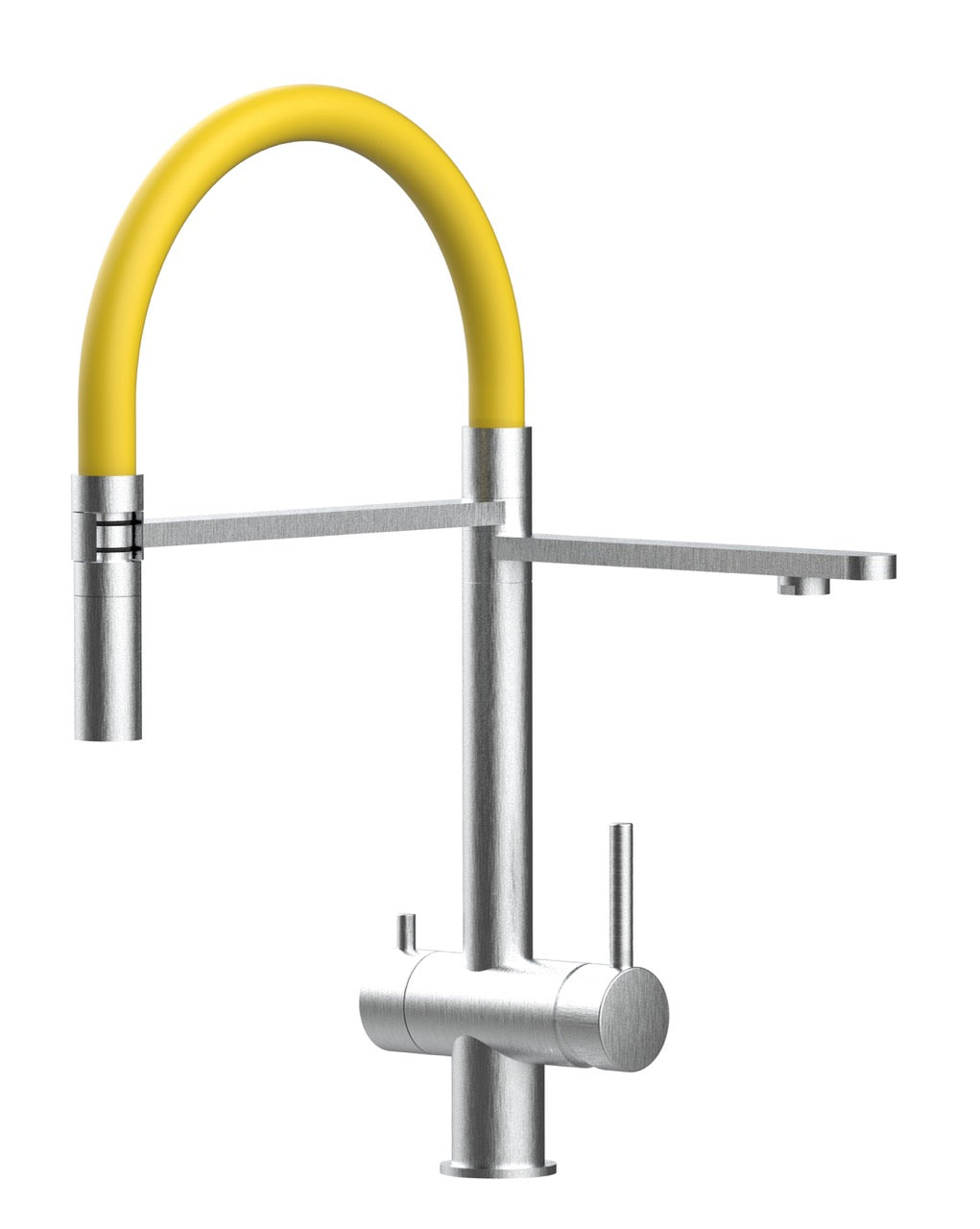 3 Way Kitchen Filter Tap in Solid STAINLESS STEEL, with 360° swivel spout and 2-jets removable Spray, Brushed / Yellow - Short version 45CM