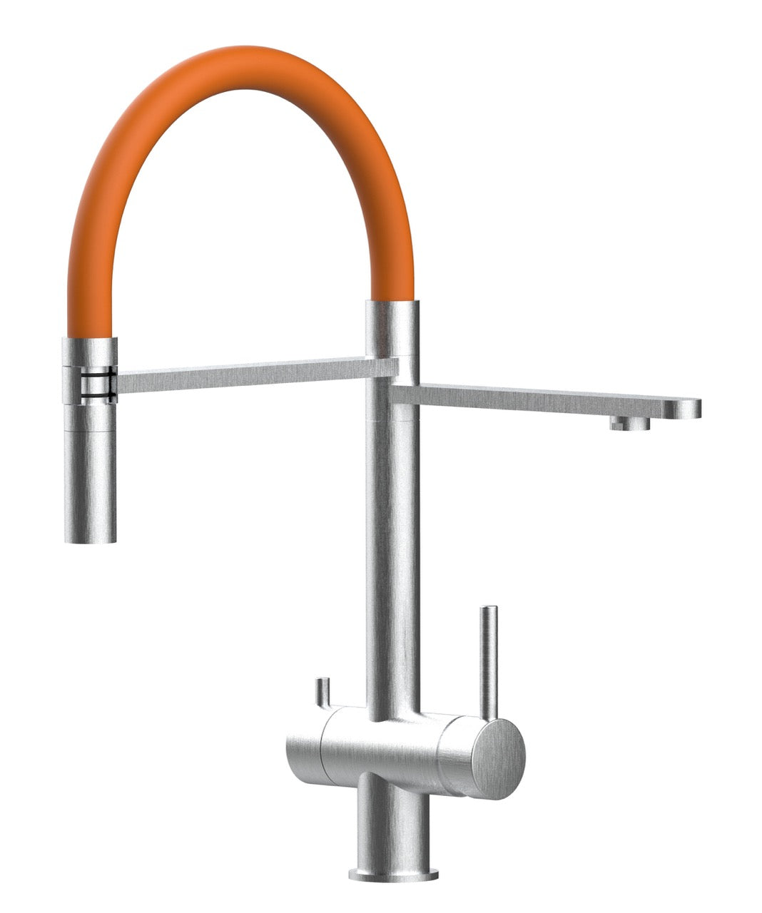 3 Way Kitchen Filter Tap in Solid STAINLESS STEEL, with 360° swivel spout and 2-jets removable Spray, Brushed / Orange - Short version 45CM