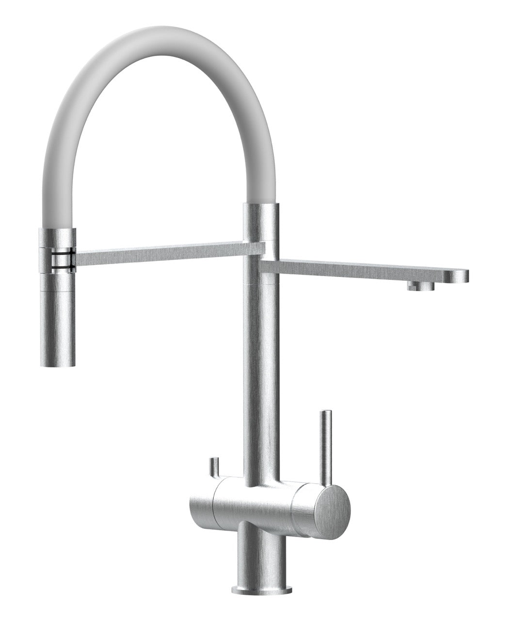 3 Way Kitchen Filter Tap in Solid STAINLESS STEEL, with 360° swivel spout and 2-jets removable Spray, Brushed / Gray - Short version 45CM