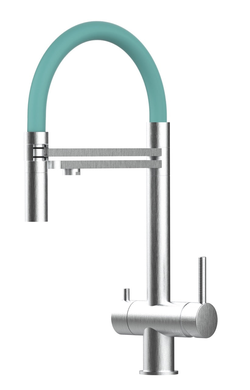 3 Way Kitchen Filter Tap in Solid STAINLESS STEEL, with 360° swivel spout and 2-jets removable Spray, Brushed / Turquoise - Short version 45CM