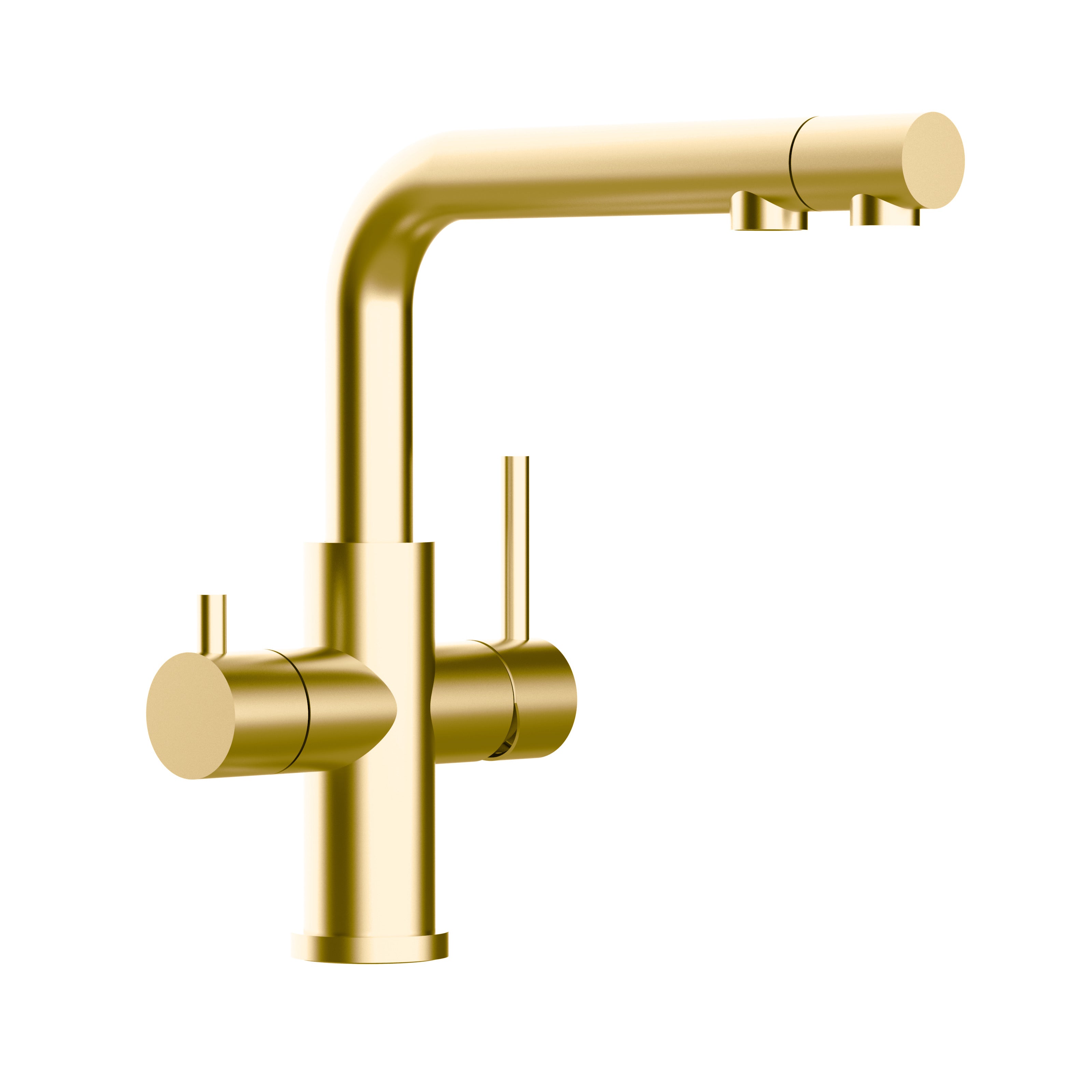 Rubinetto cucina 3 VIE in ACCIAIO INOX PVD Oro Satinato, canna a L girevole con bocca estraibile