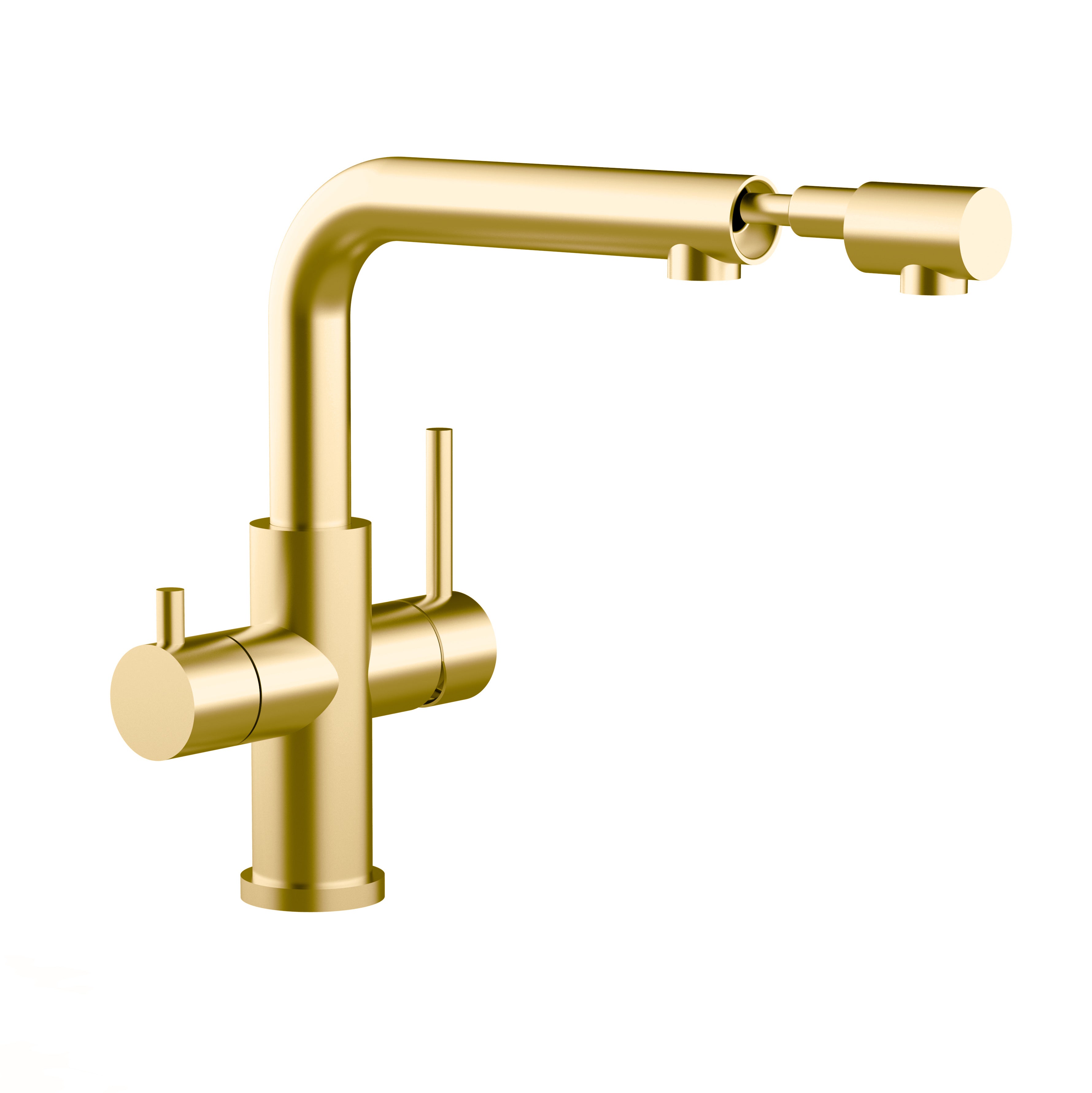 Rubinetto cucina 3 VIE in ACCIAIO INOX PVD Oro Satinato, canna a L girevole con bocca estraibile