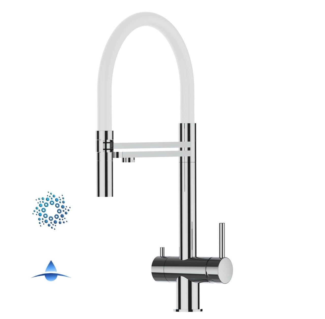 Rubinetto cucina 4 VIE in ACCIAIO INOX Lucido, canna girevole 360° e doccetta 2 getti movibile, Bianco