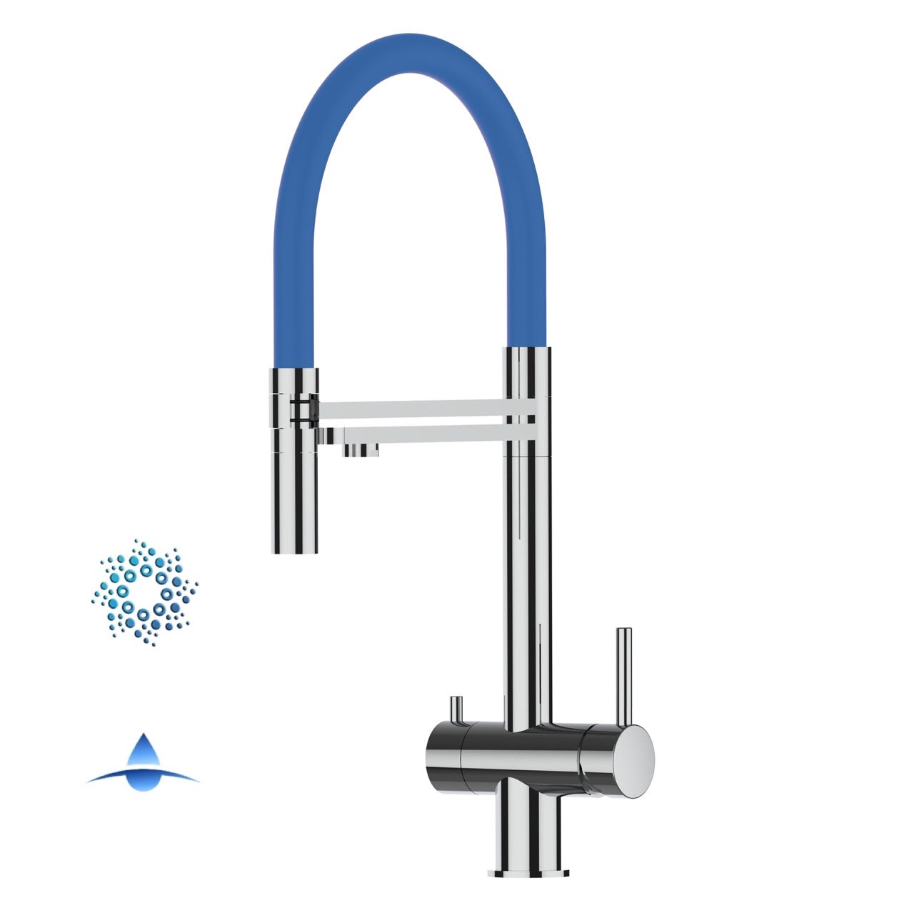 Rubinetto cucina 4 VIE in ACCIAIO INOX Lucido, canna girevole 360° e doccetta 2 getti movibile, Blu