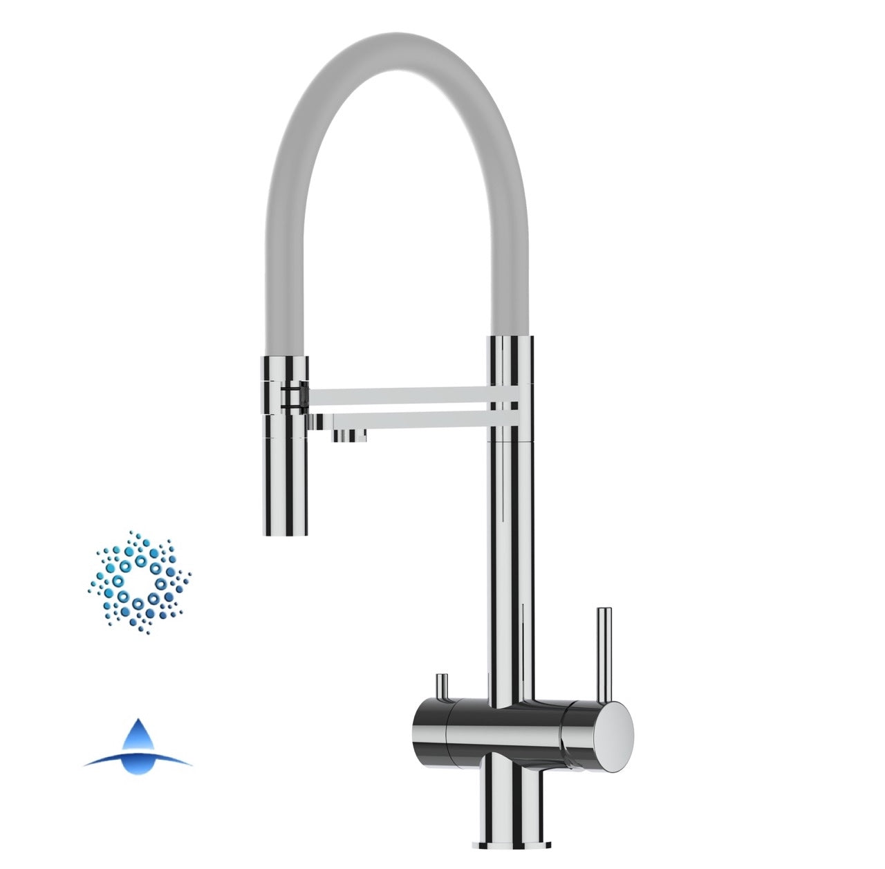 Rubinetto cucina 4 VIE in ACCIAIO INOX Lucido, canna girevole 360° e doccetta 2 getti movibile, Grigio