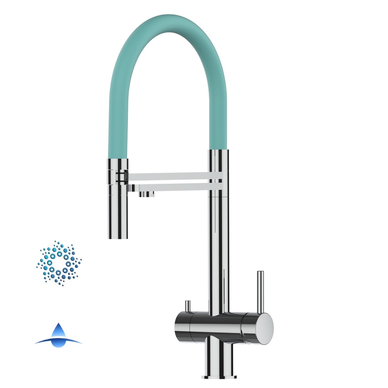 Rubinetto cucina 4 VIE in ACCIAIO INOX Lucido, canna girevole 360° e doccetta 2 getti movibile, Turchese Tiffany