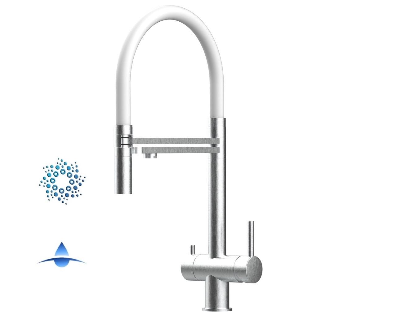 Rubinetto cucina 4 VIE in ACCIAIO INOX Spazzolato, canna girevole 360° e doccetta 2 getti movibile, Bianco